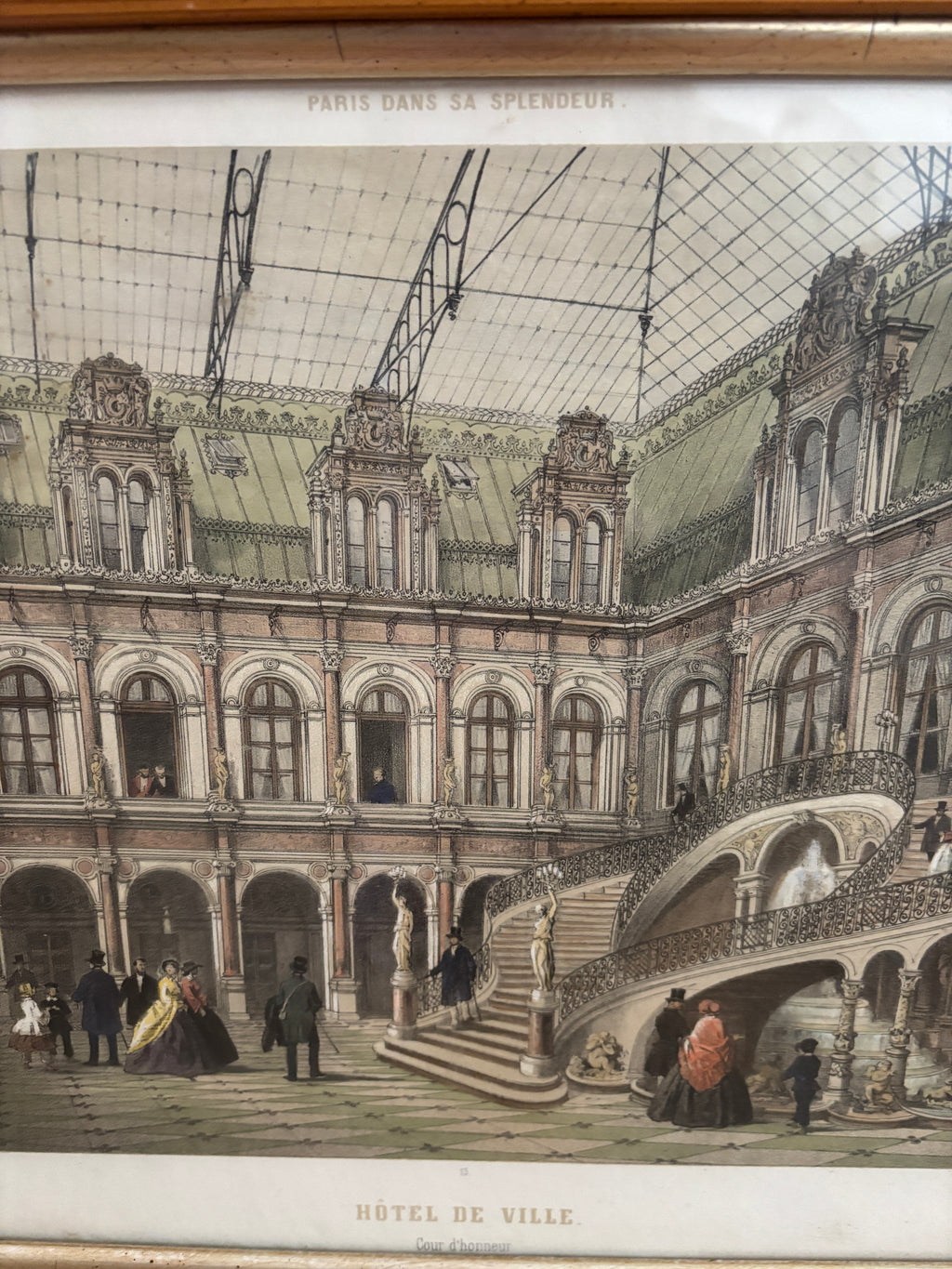 Antique Hand-Colored Lithograph of Hôtel de Ville, Paris in Wood Frame