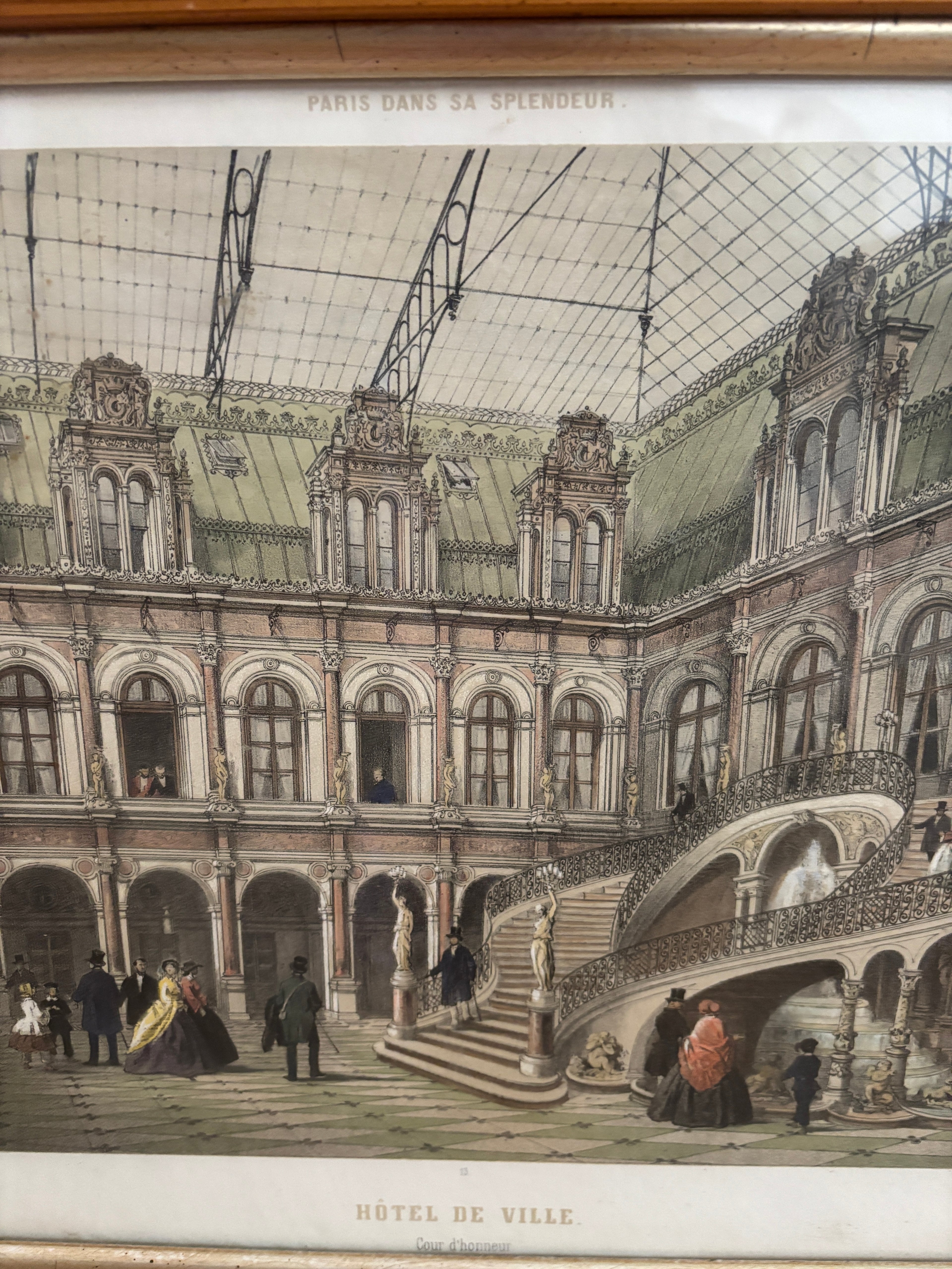 Antique Hand-Colored Lithograph of Hôtel de Ville, Paris in Wood Frame