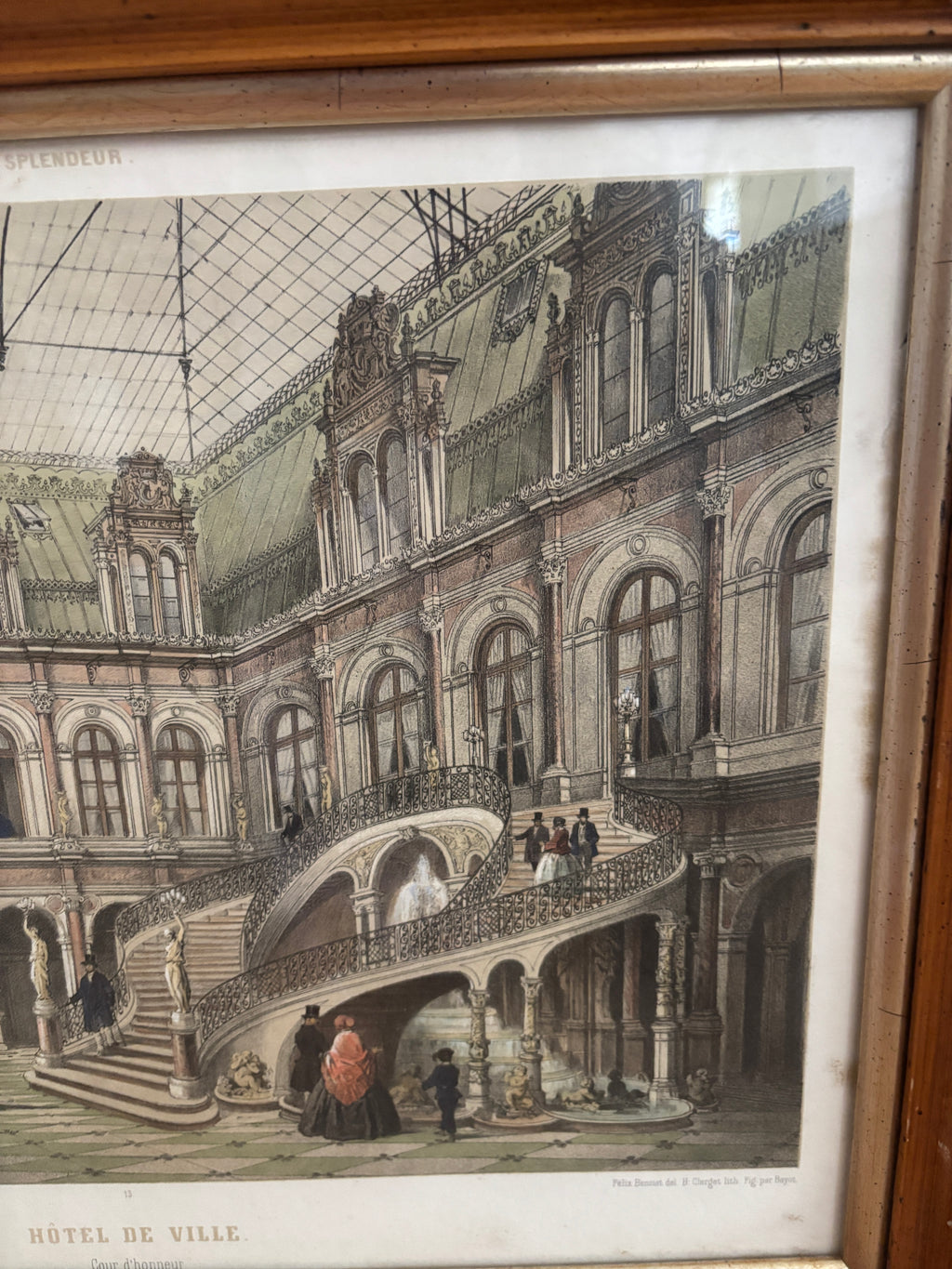 Antique Hand-Colored Lithograph of Hôtel de Ville, Paris in Wood Frame