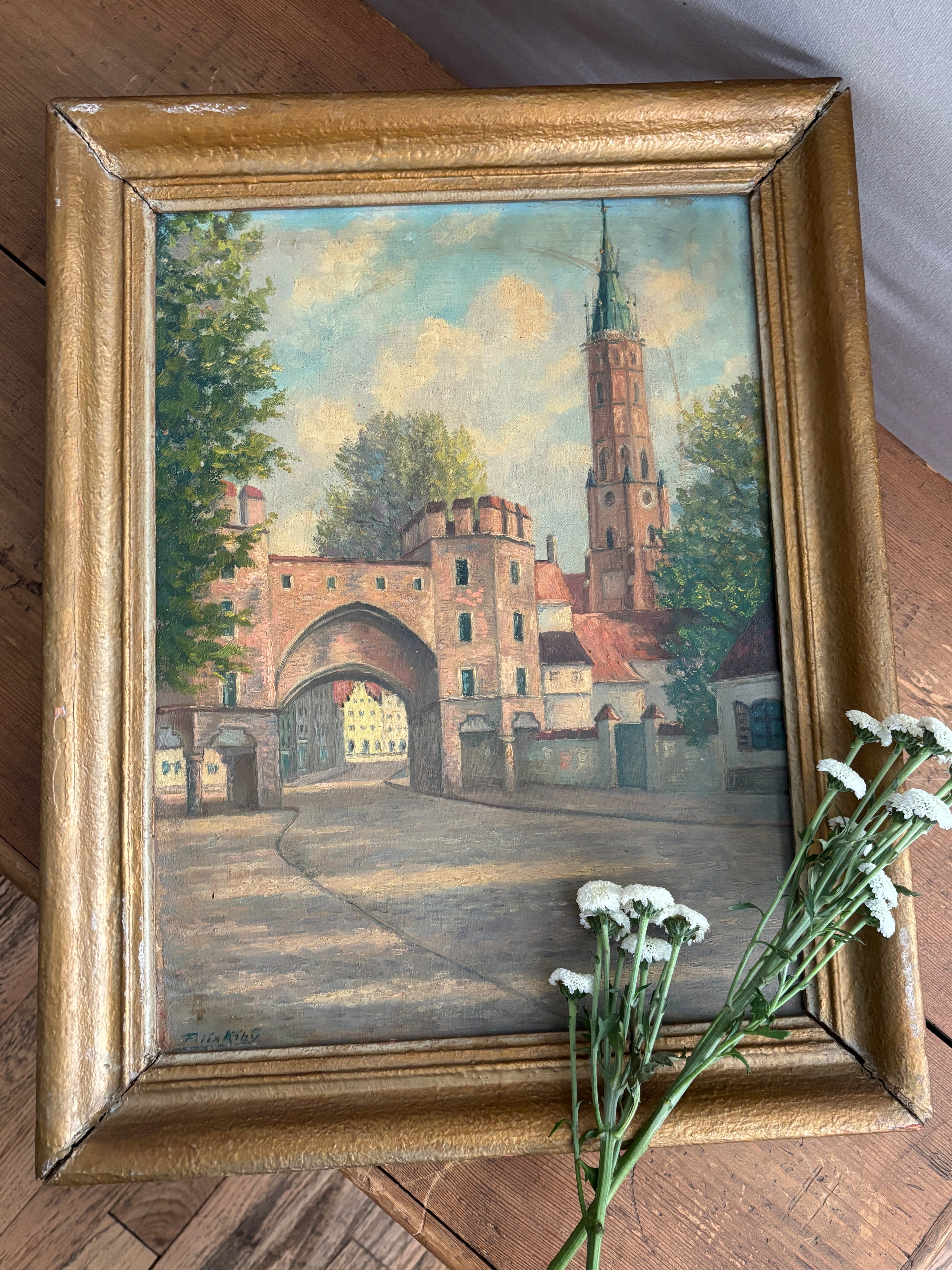 German Antique Signed Oil on Canvas, St. Martin's Church