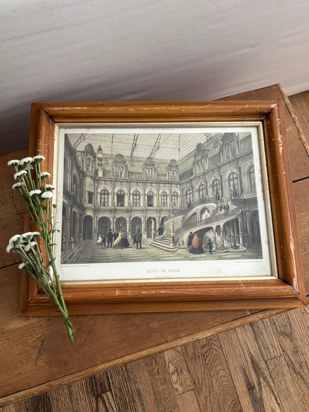 Antique Hand-Colored Lithograph of Hôtel de Ville, Paris in Wood Frame