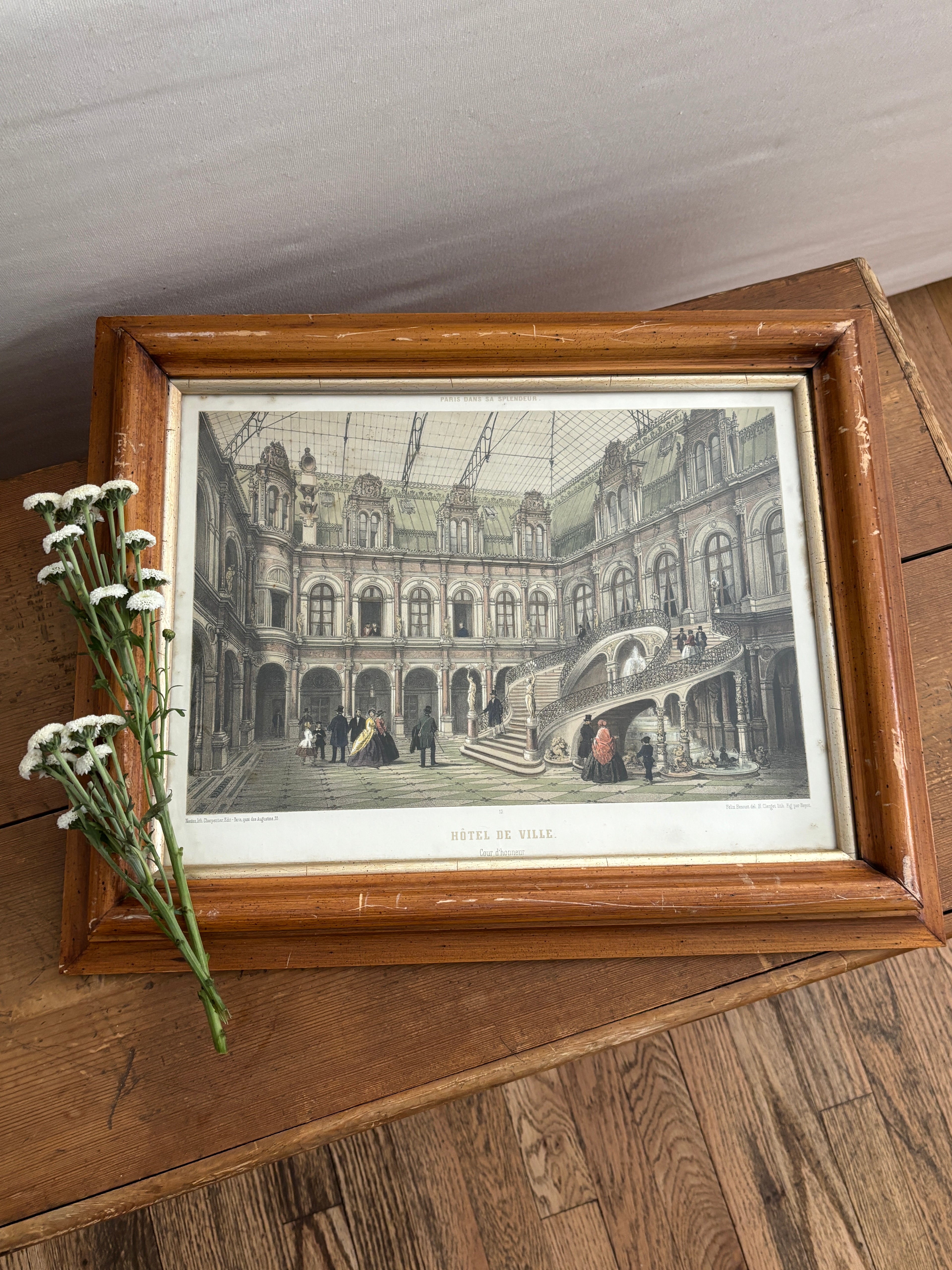 Antique Hand-Colored Lithograph of Hôtel de Ville, Paris in Wood Frame