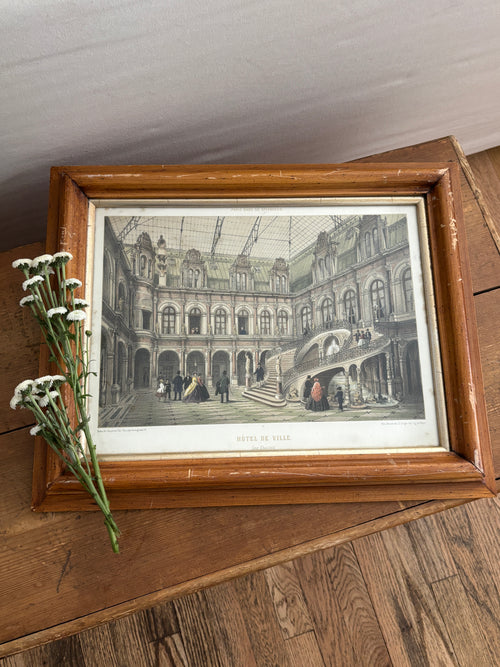Antique Hand-Colored Lithograph of Hôtel de Ville, Paris in Wood Frame
