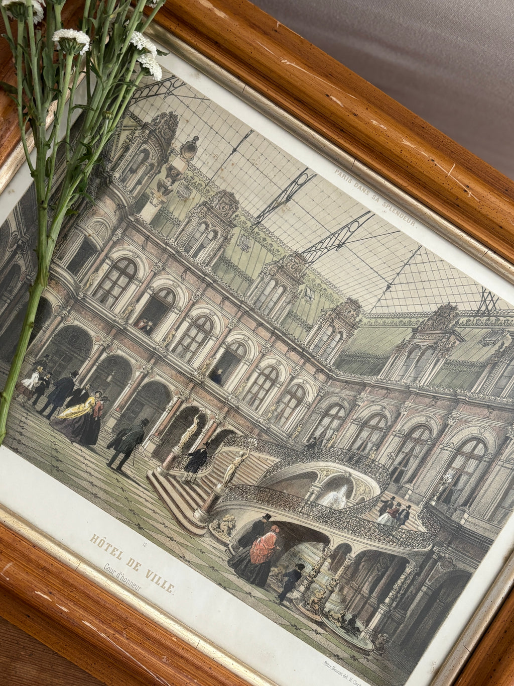Antique Hand-Colored Lithograph of Hôtel de Ville, Paris in Wood Frame