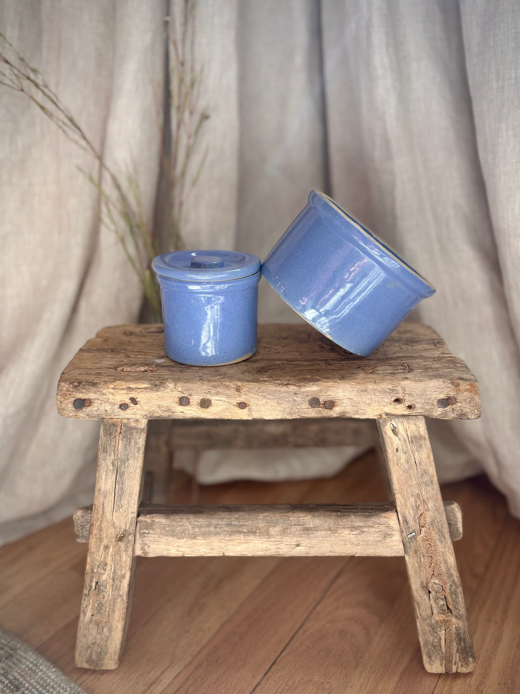 Vintage Blue Glazed Stoneware Crock
