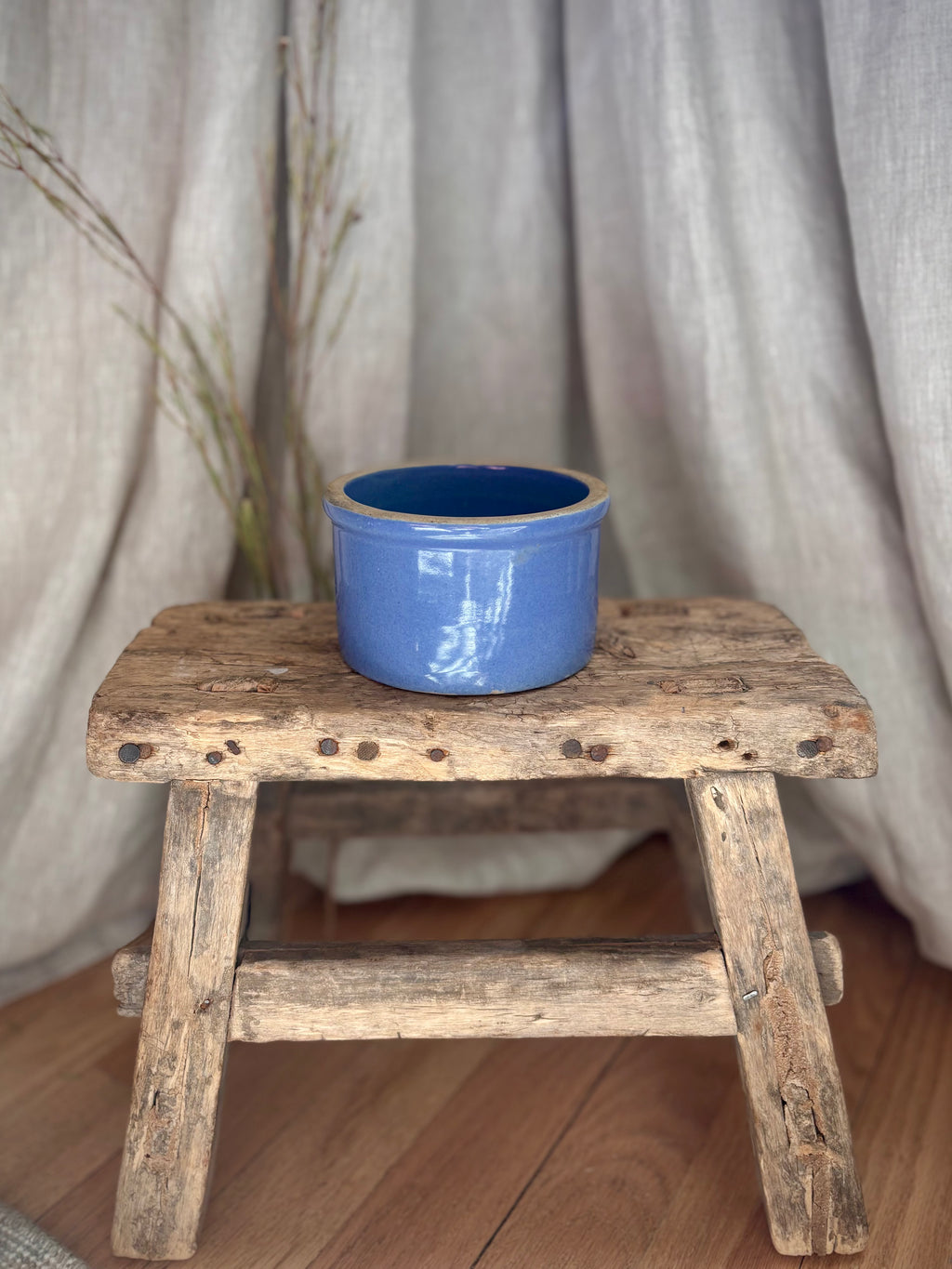 Vintage Blue Glazed Stoneware Crock