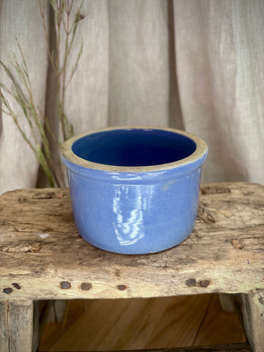 Vintage Blue Glazed Stoneware Crock