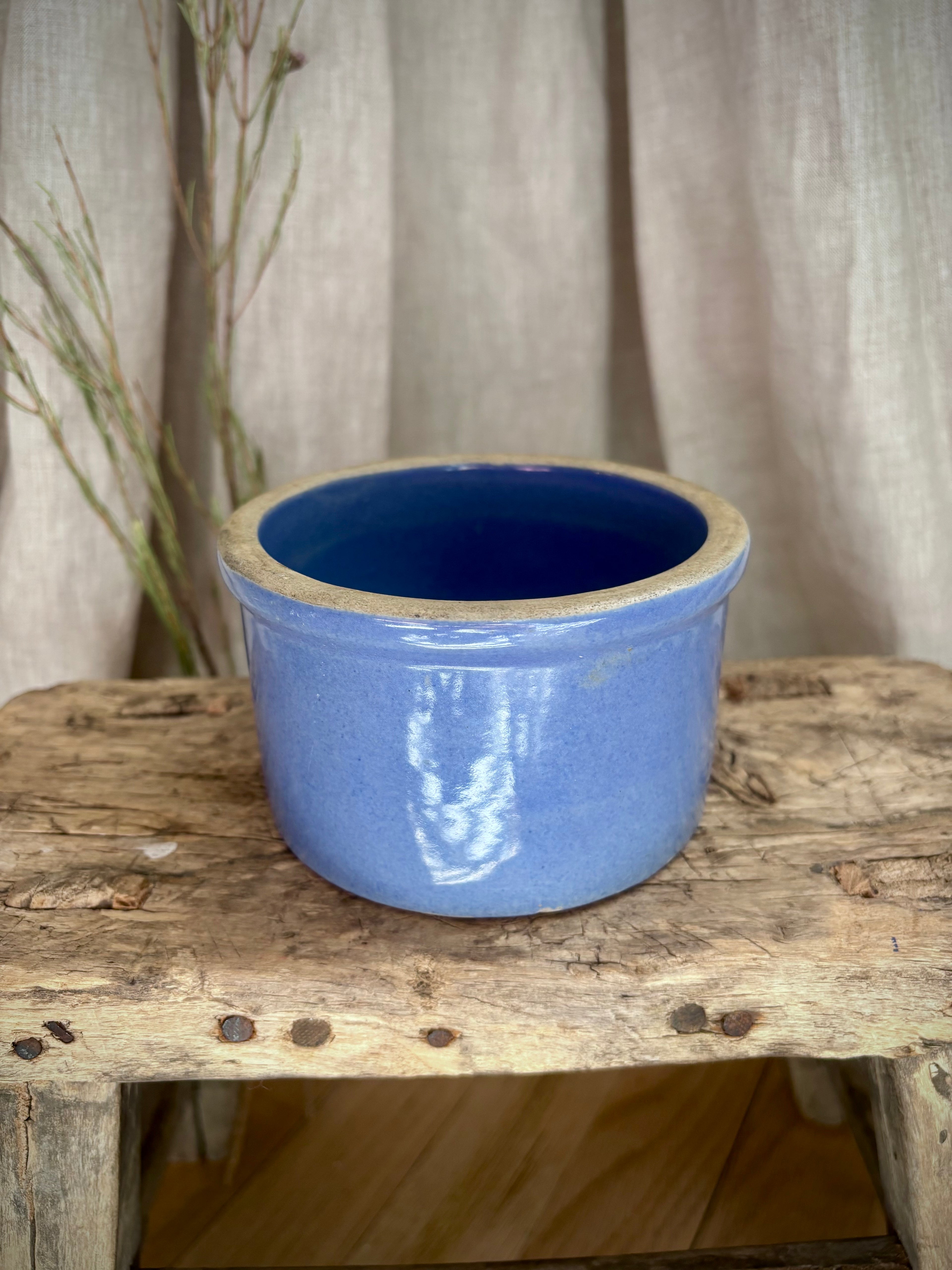 Vintage Blue Glazed Stoneware Crock