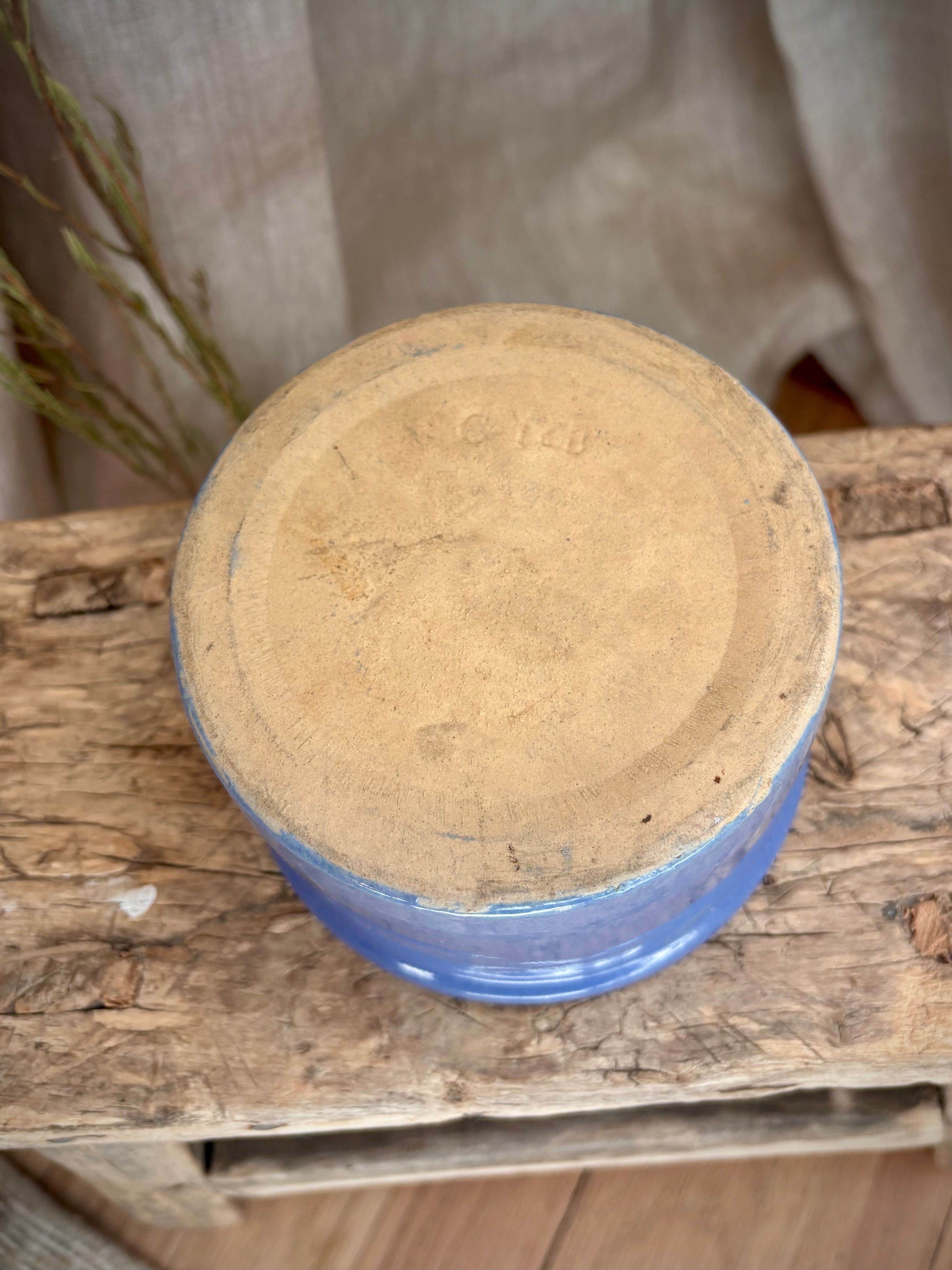 Vintage Blue Glazed Stoneware Crock