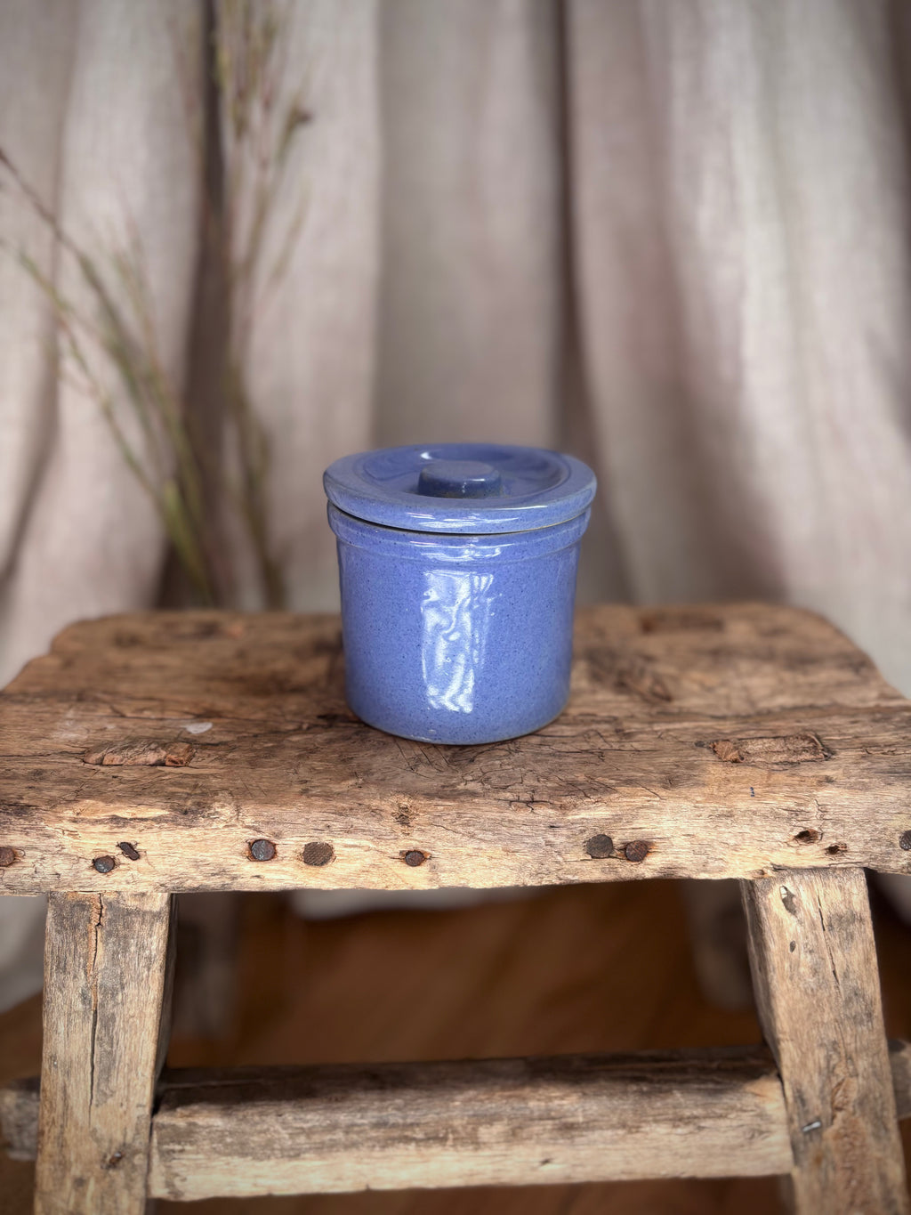 Vintage Small Blue Glazed Stoneware Lidded Crock