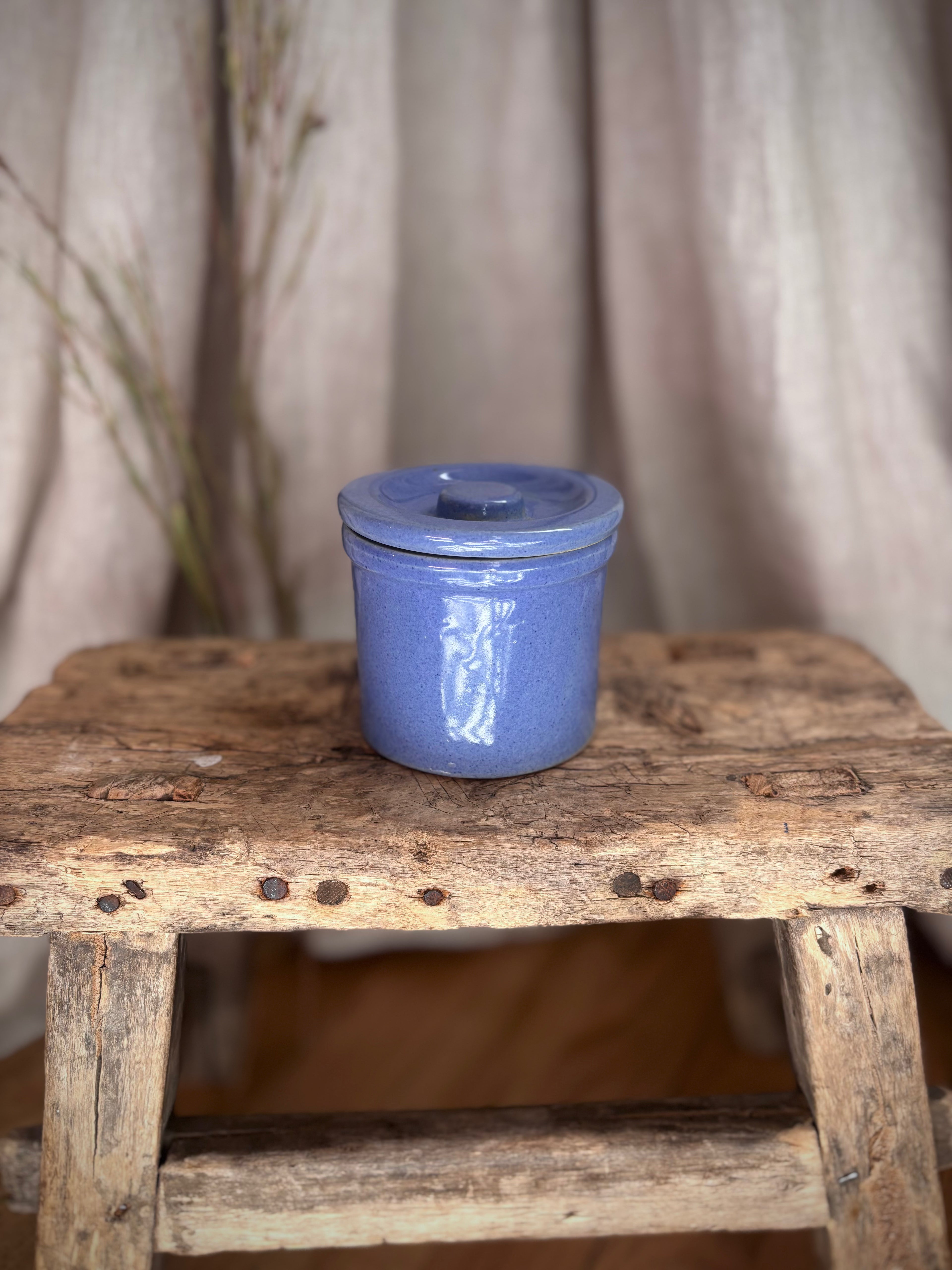 Vintage Small Blue Glazed Stoneware Lidded Crock