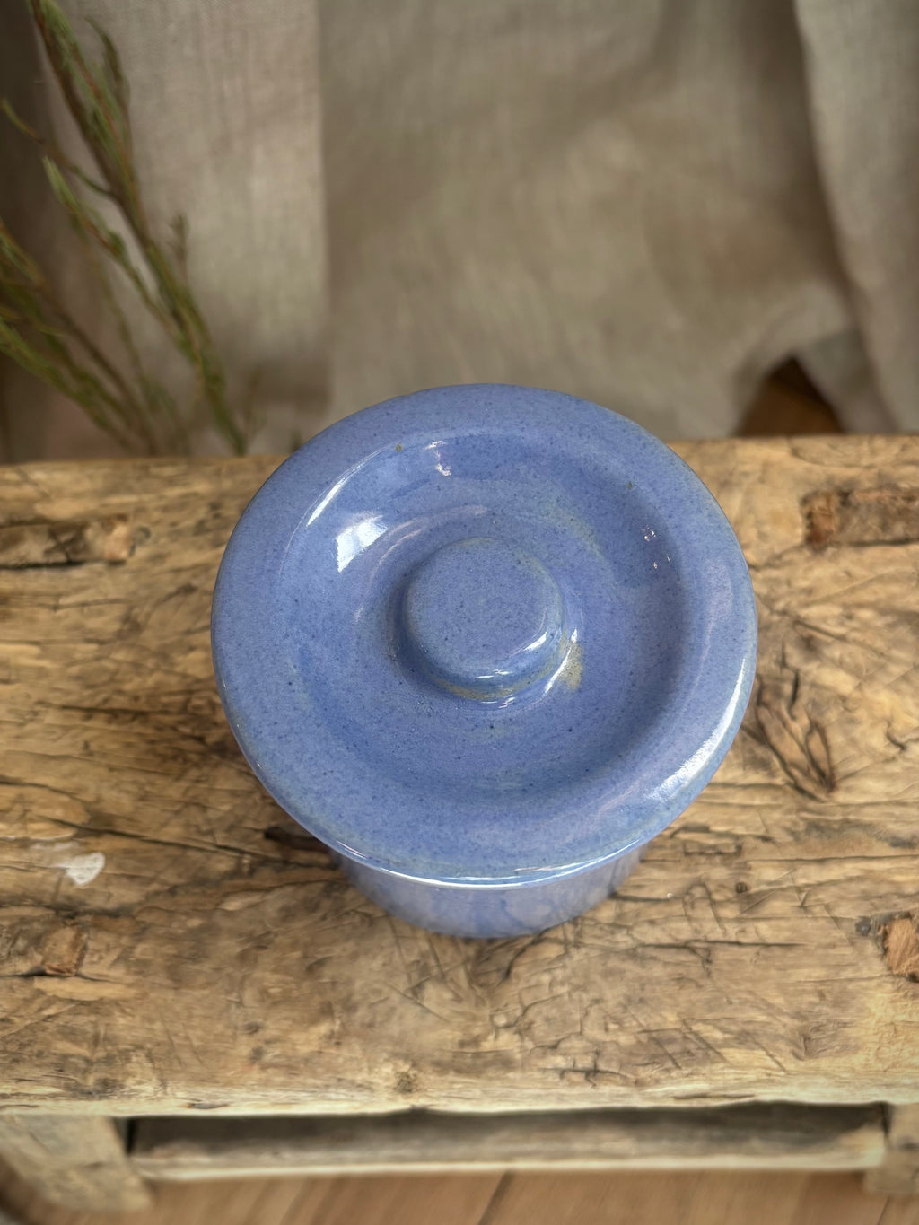 Vintage Small Blue Glazed Stoneware Lidded Crock