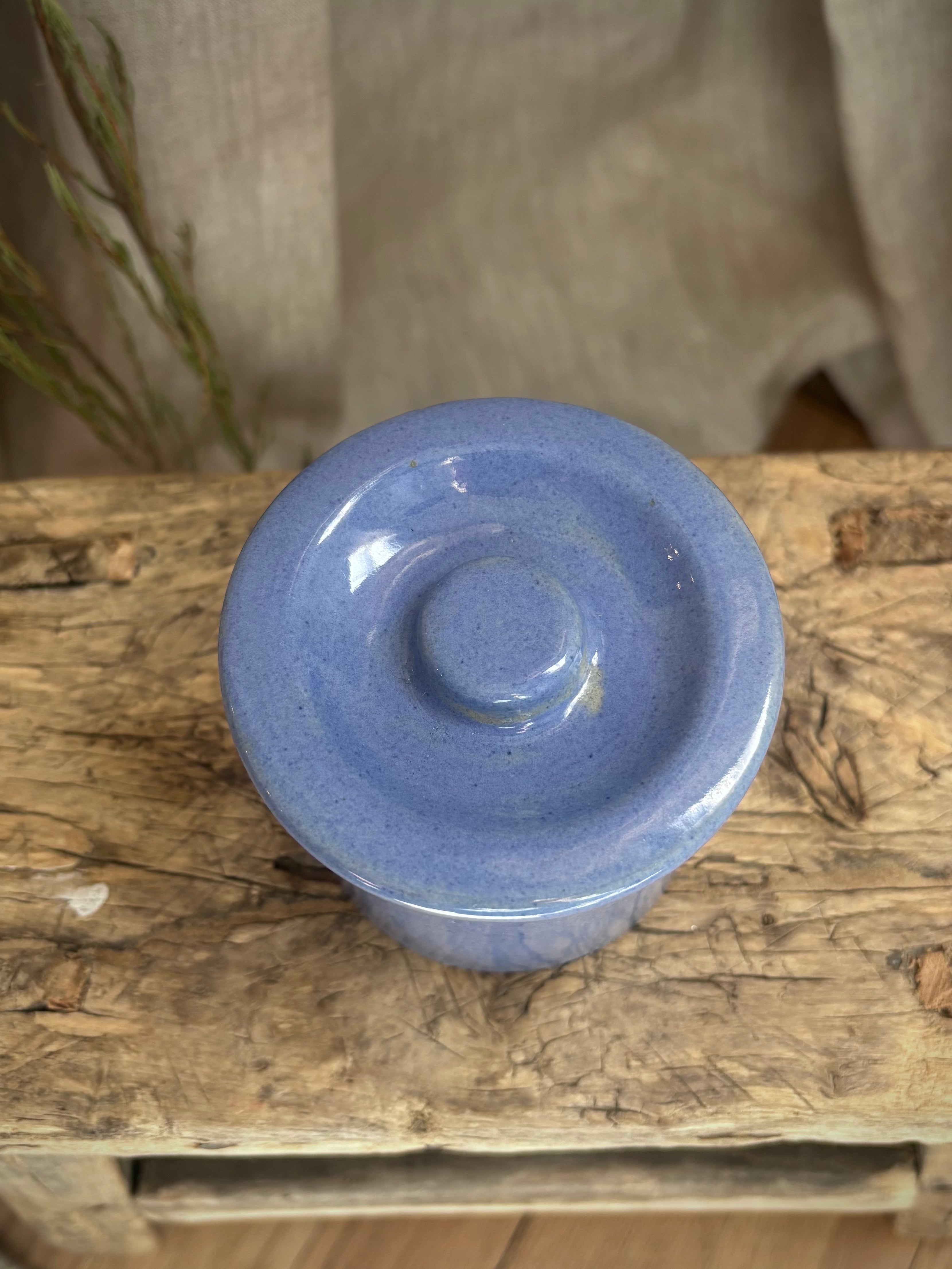 Vintage Small Blue Glazed Stoneware Lidded Crock