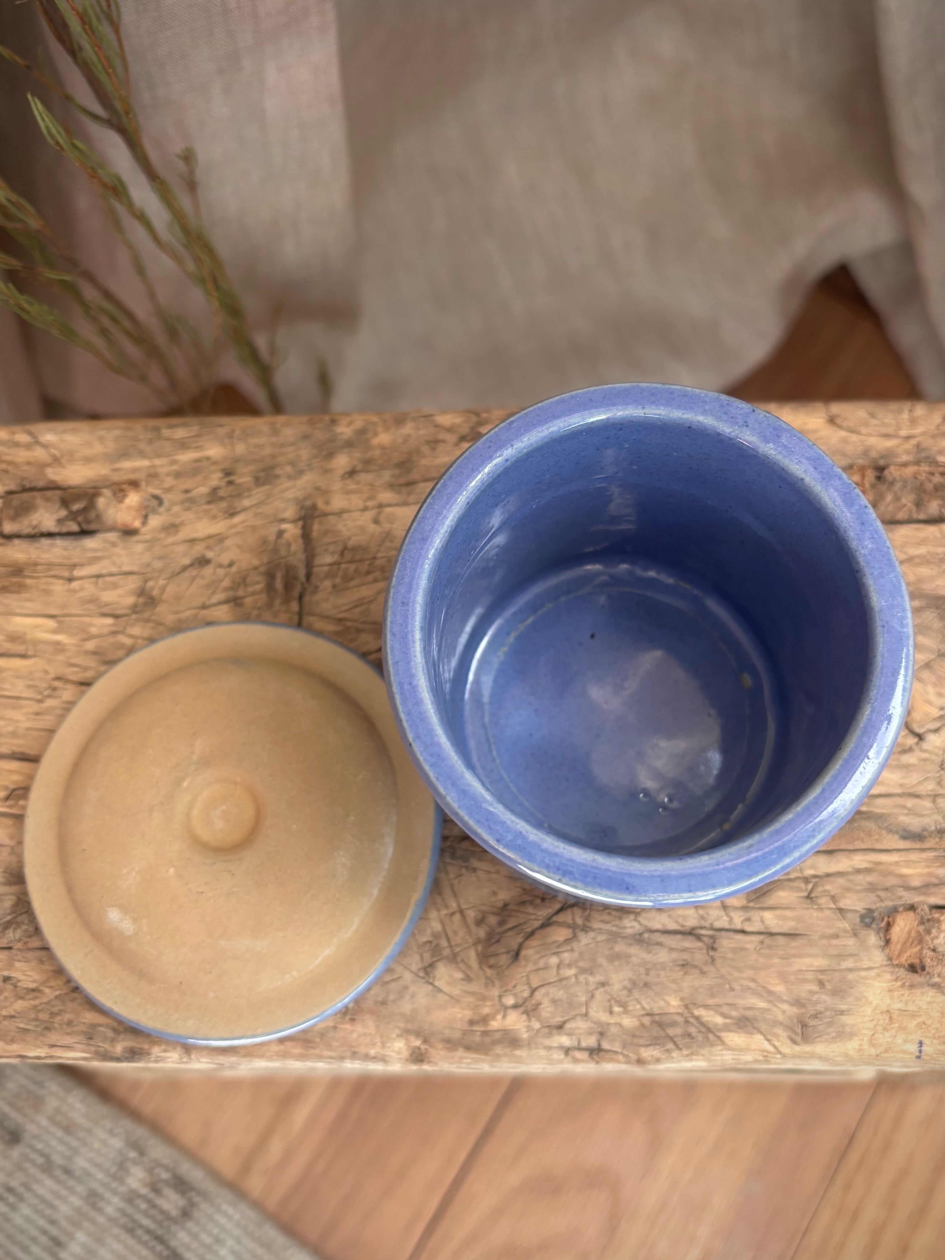 Vintage Small Blue Glazed Stoneware Lidded Crock