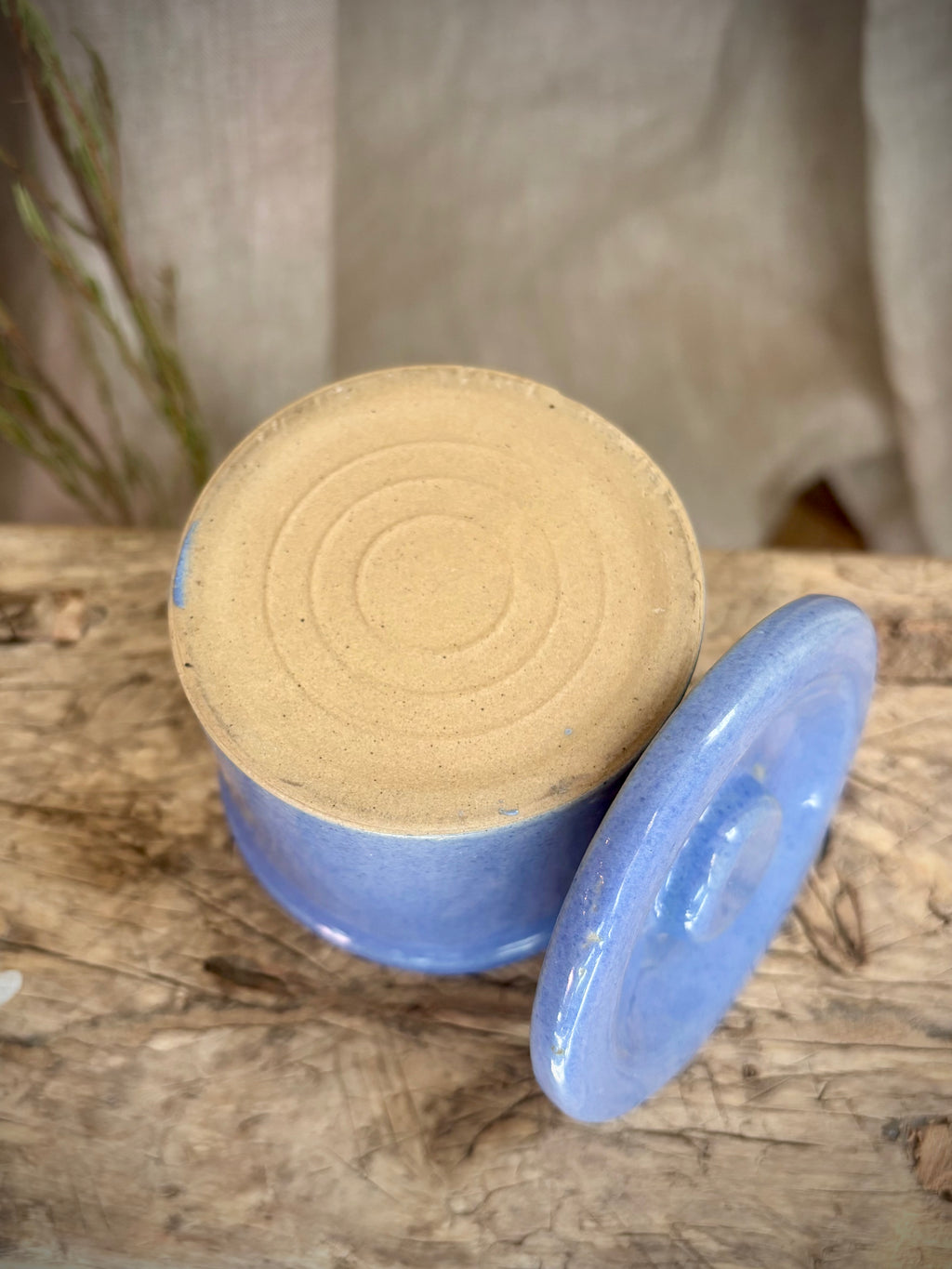 Vintage Small Blue Glazed Stoneware Lidded Crock