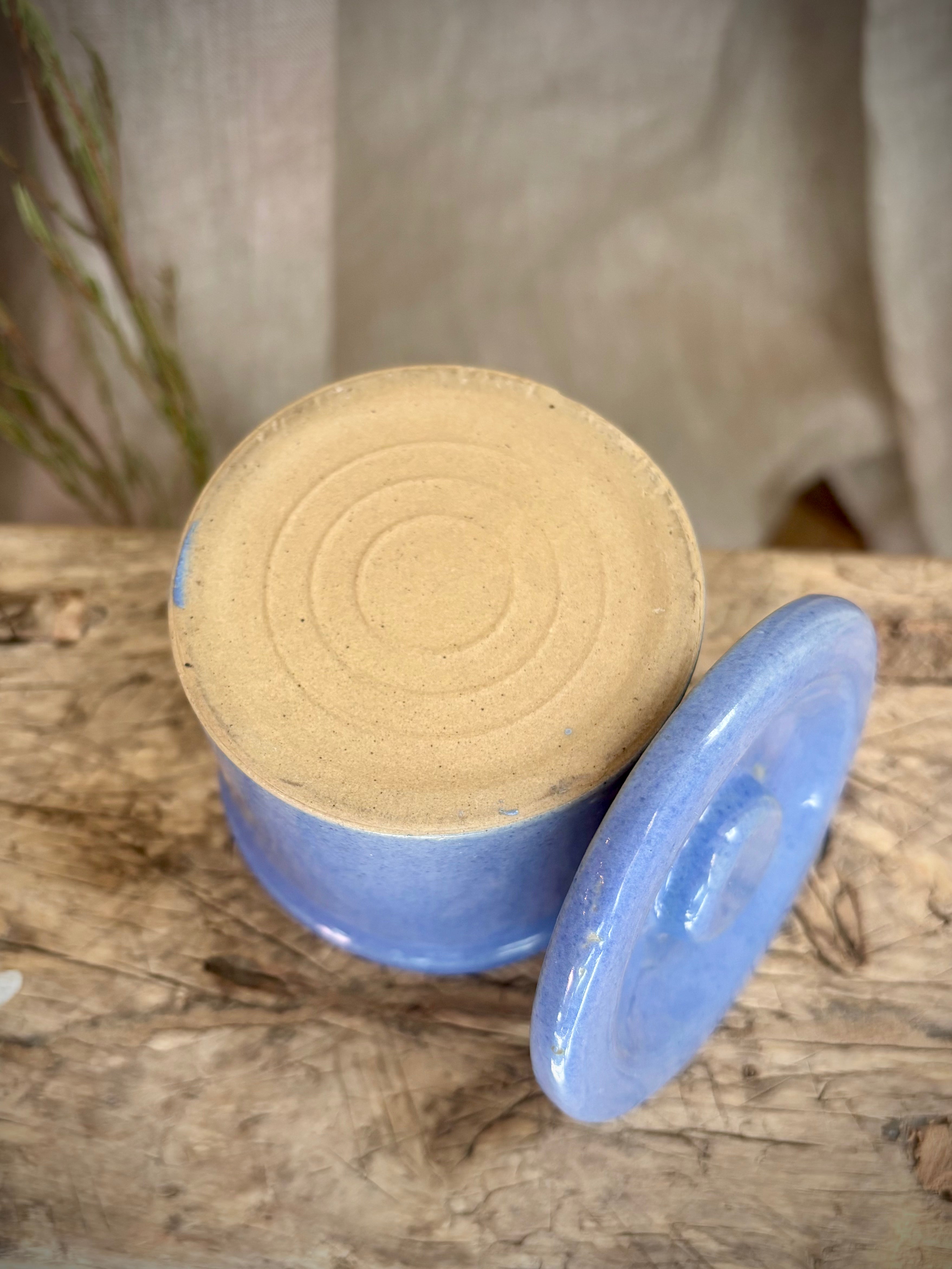 Vintage Small Blue Glazed Stoneware Lidded Crock