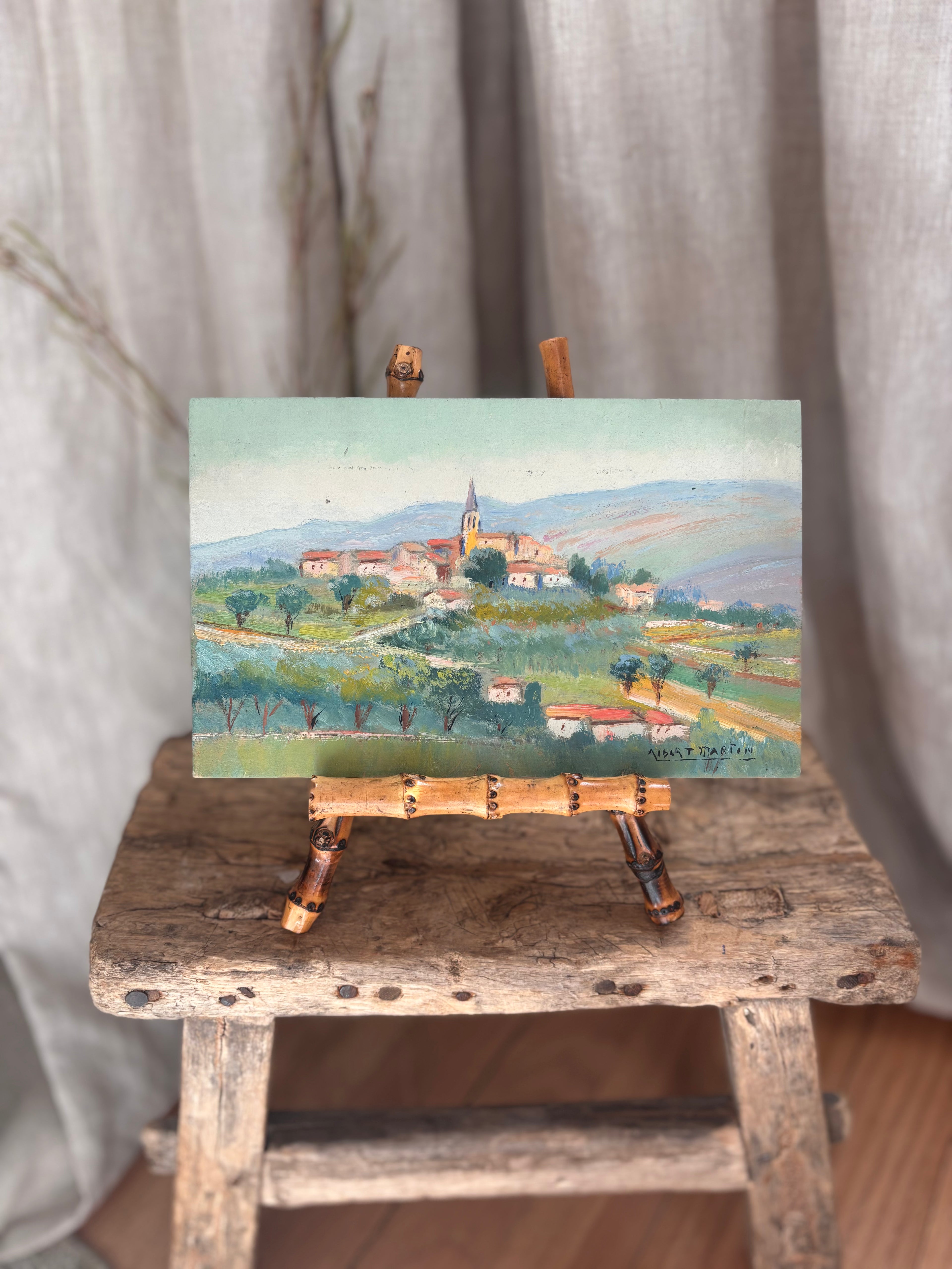Vintage French Hilltop Village Oil Painting by Albert Martin