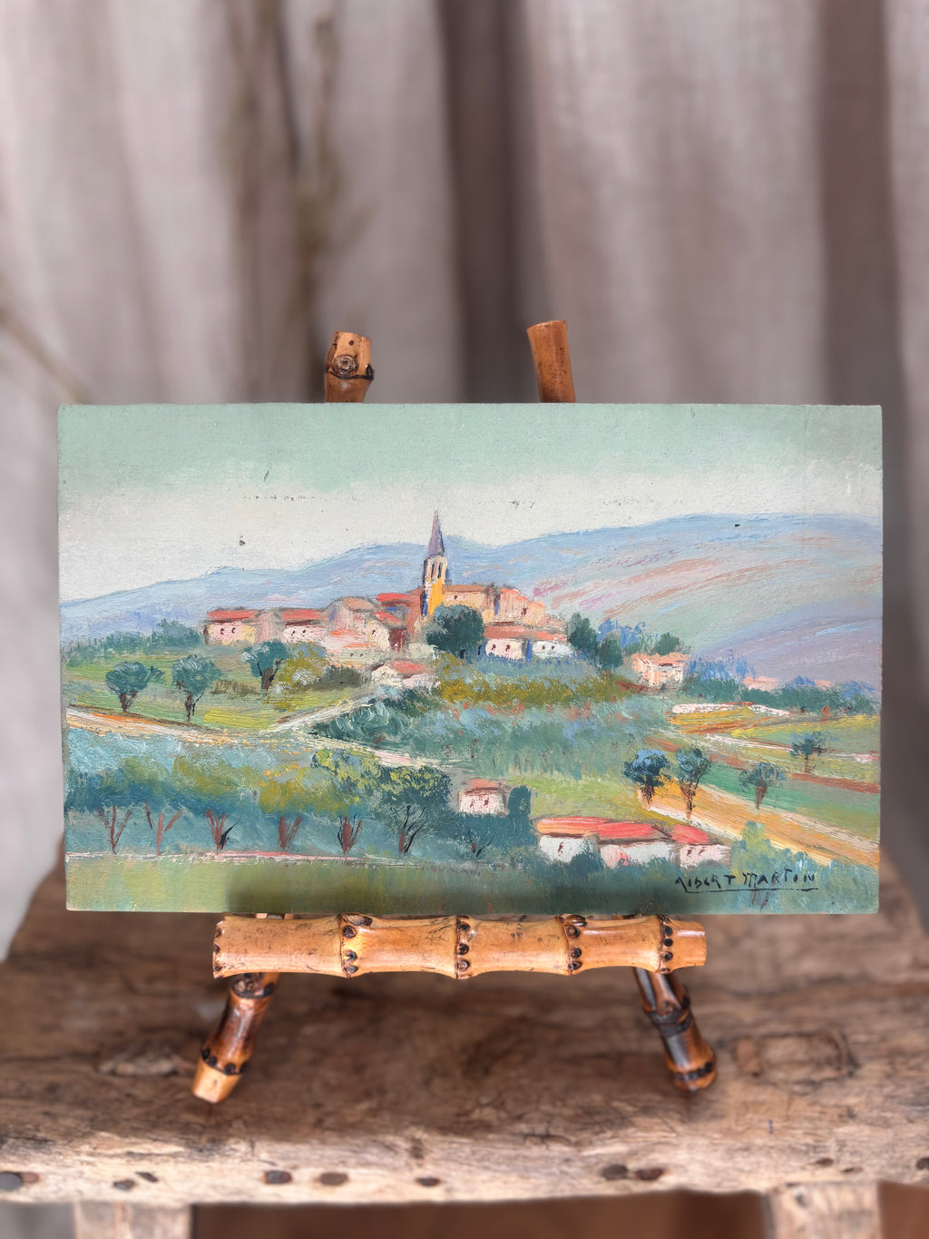Vintage French Hilltop Village Oil Painting by Albert Martin