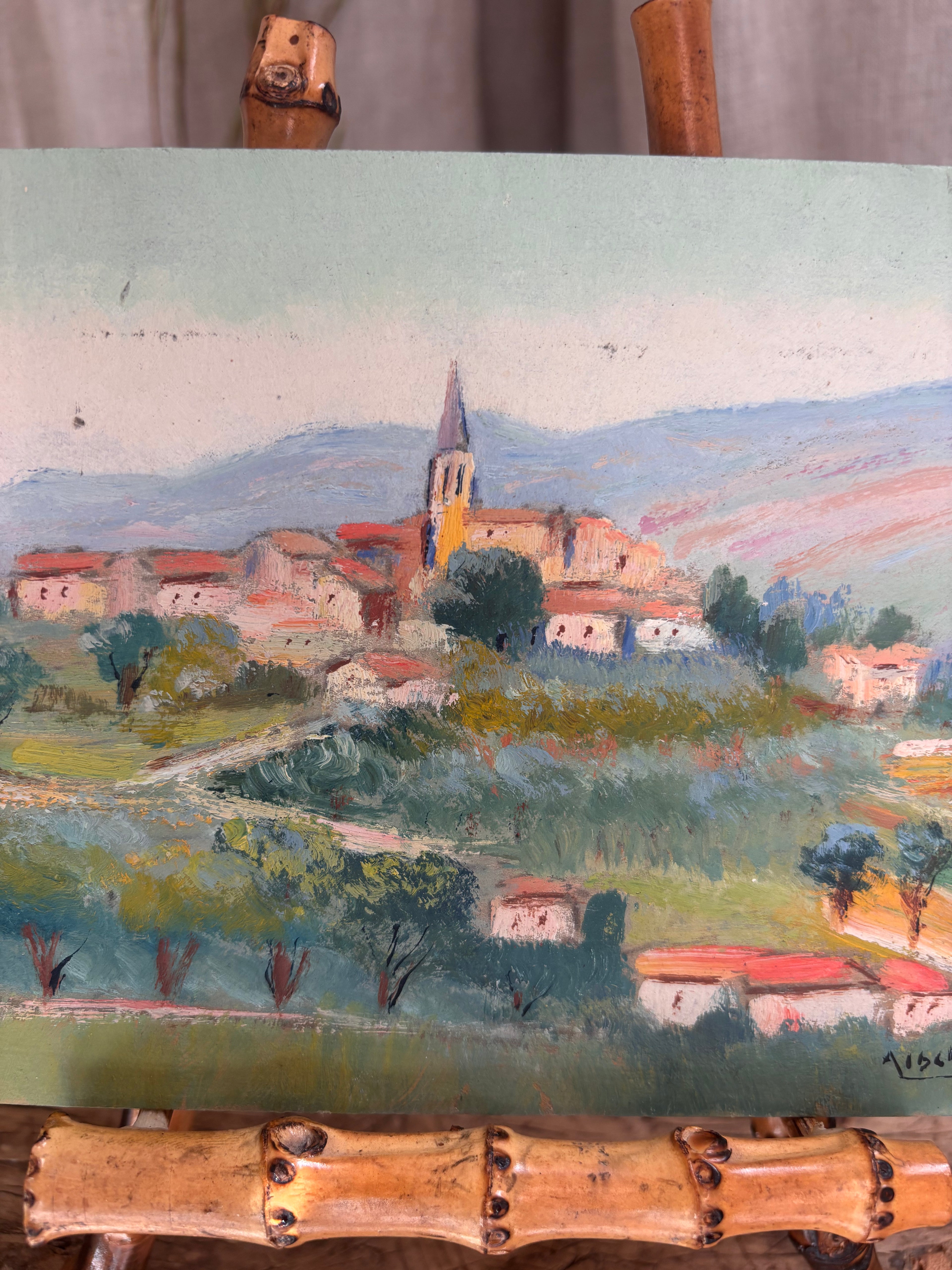 Vintage French Hilltop Village Oil Painting by Albert Martin