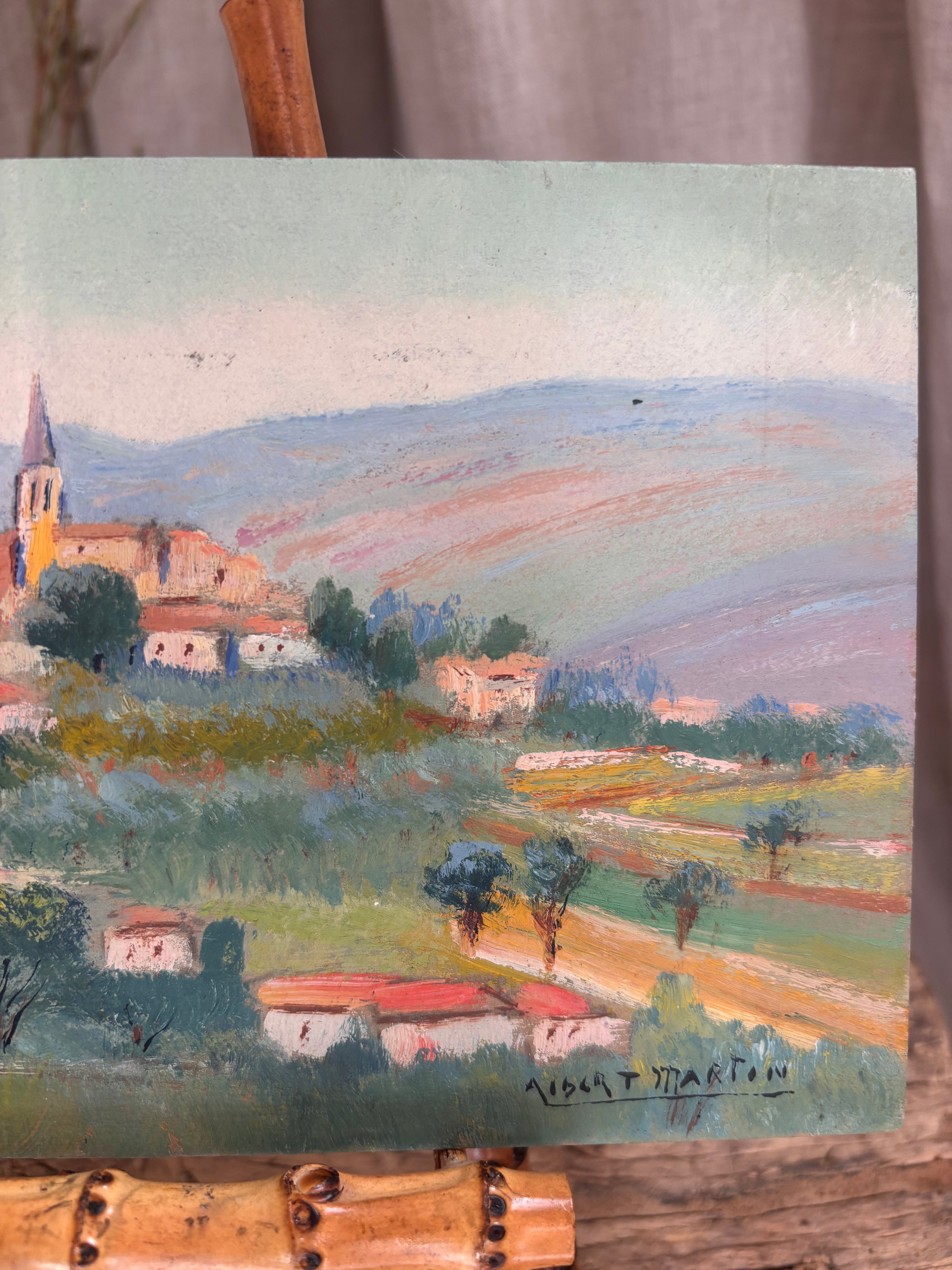 Vintage French Hilltop Village Oil Painting by Albert Martin