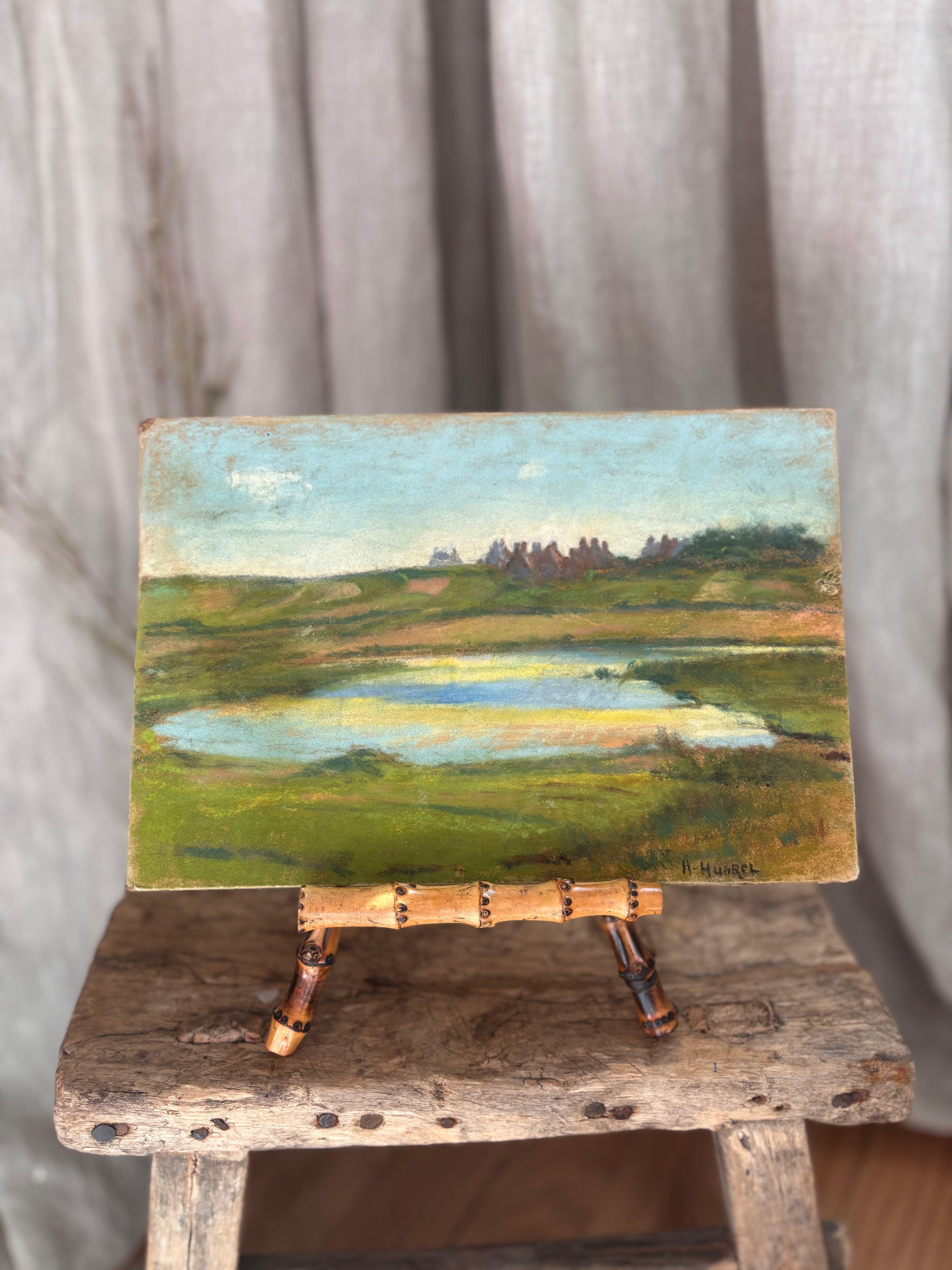 Vintage French Countryside Pond Pastel Landscape