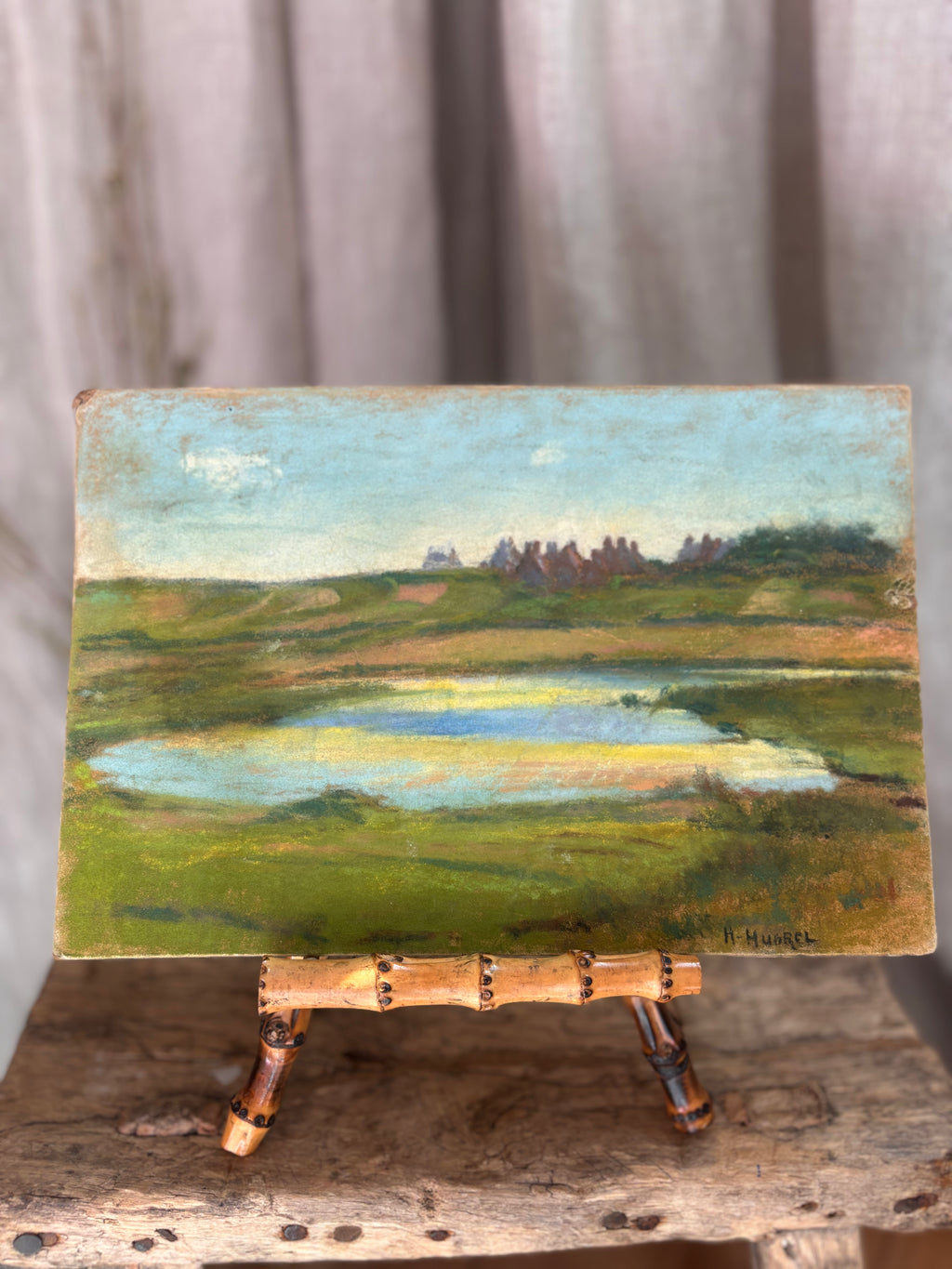 Vintage French Countryside Pond Pastel Landscape