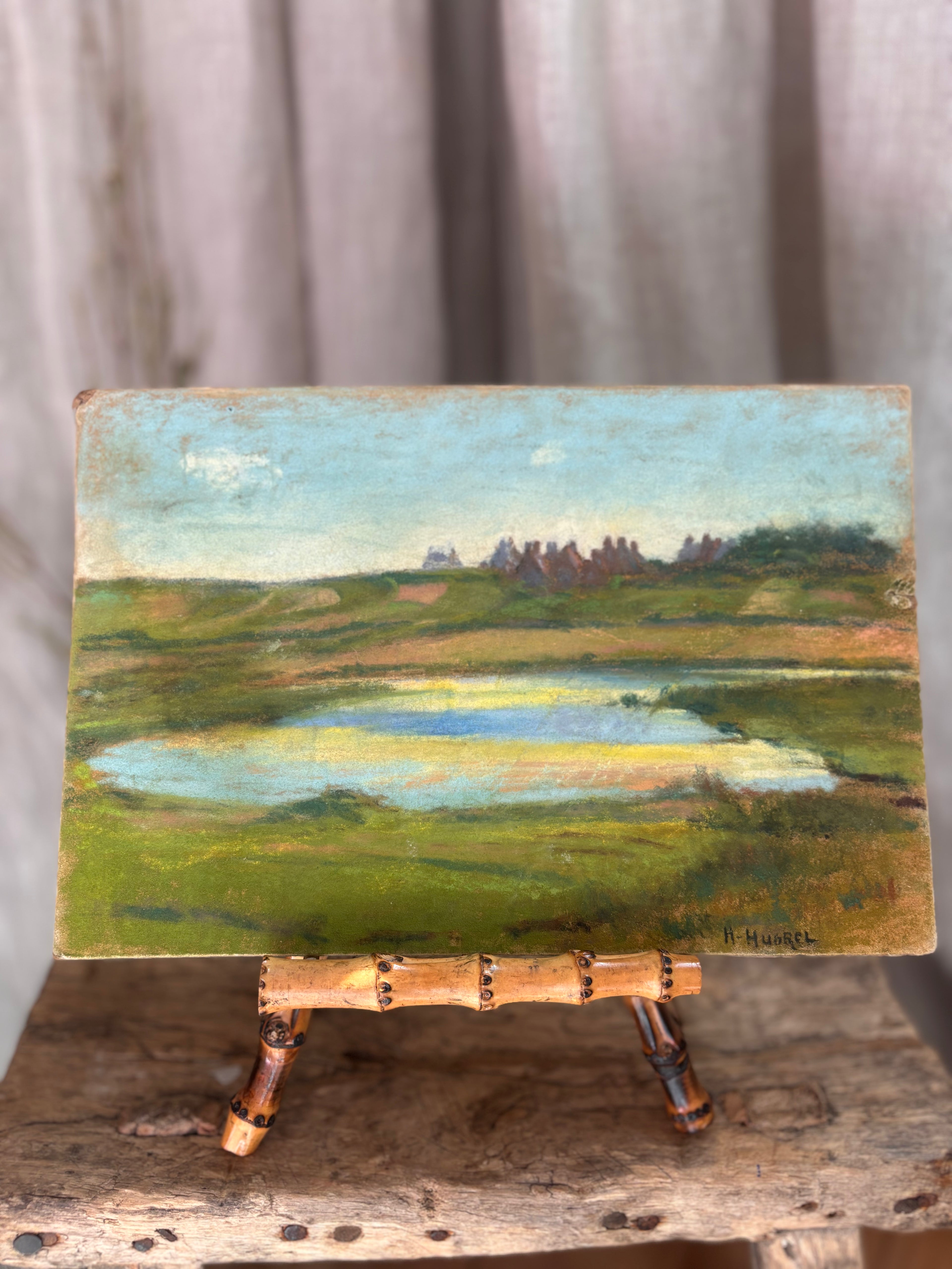 Vintage French Countryside Pond Pastel Landscape