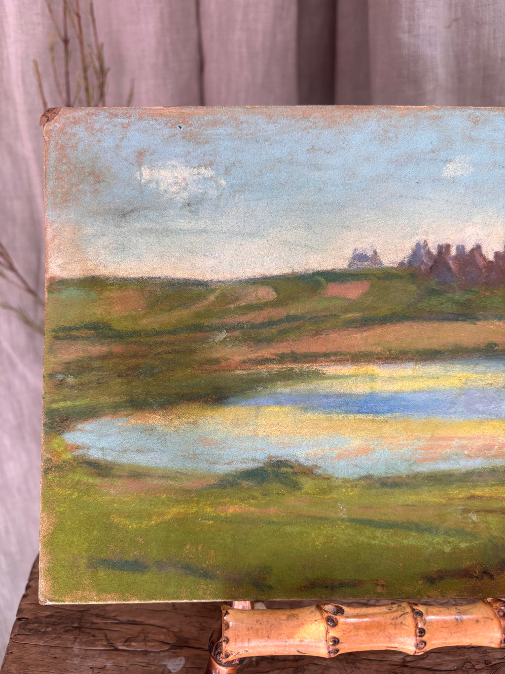 Vintage French Countryside Pond Pastel Landscape