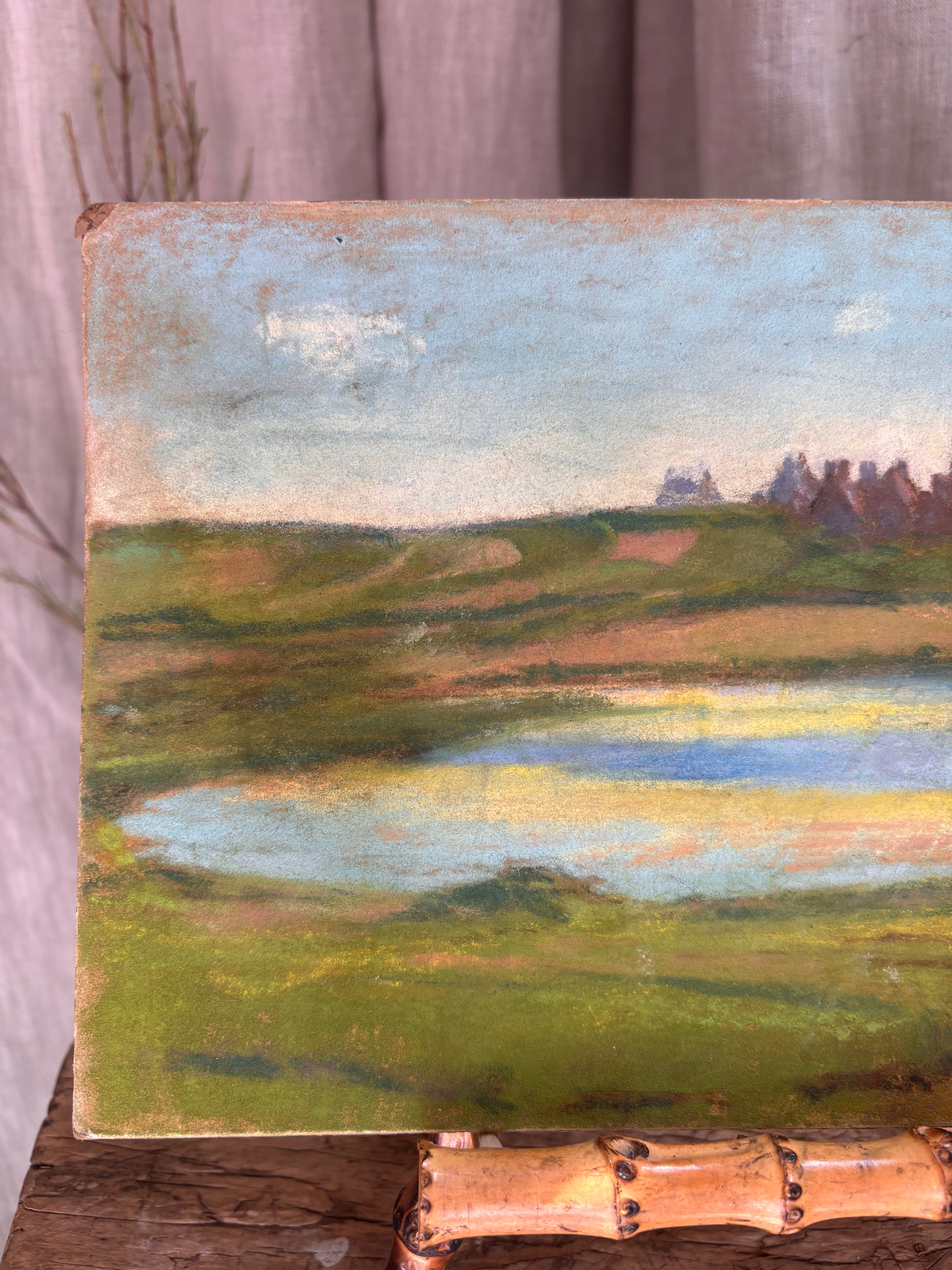 Vintage French Countryside Pond Pastel Landscape