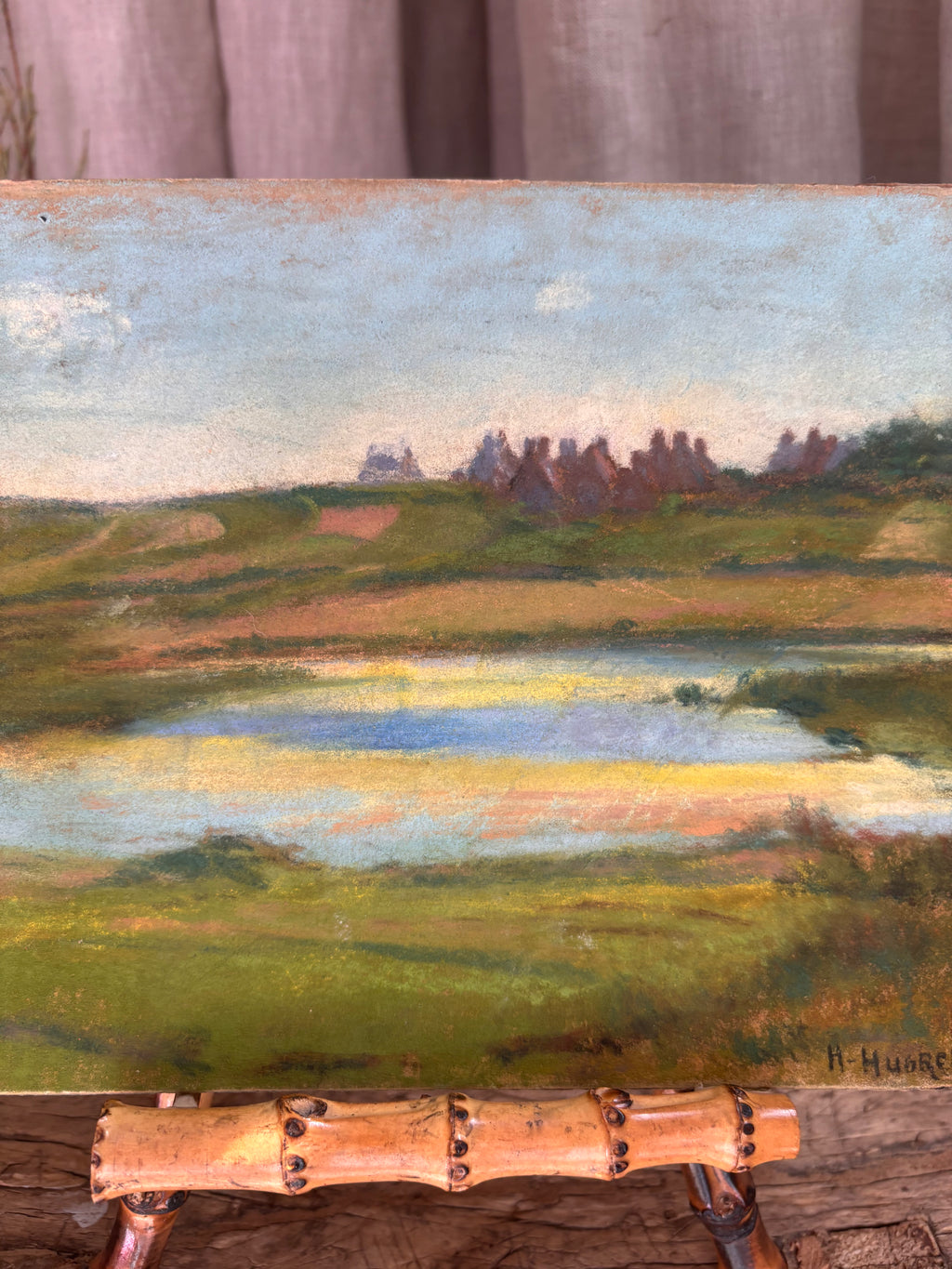 Vintage French Countryside Pond Pastel Landscape