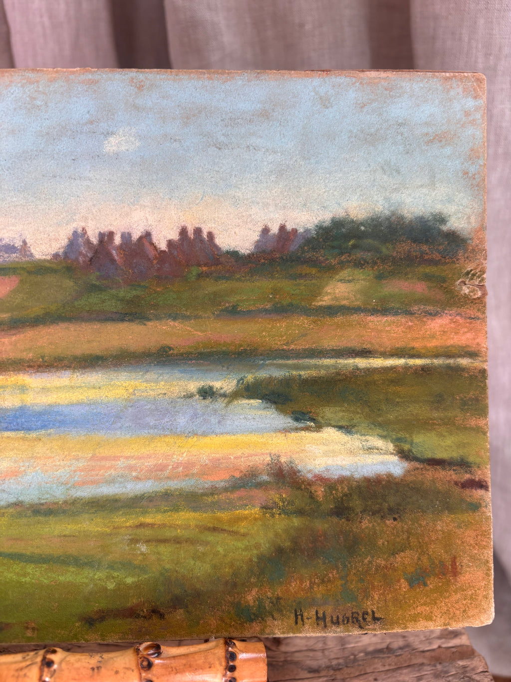 Vintage French Countryside Pond Pastel Landscape