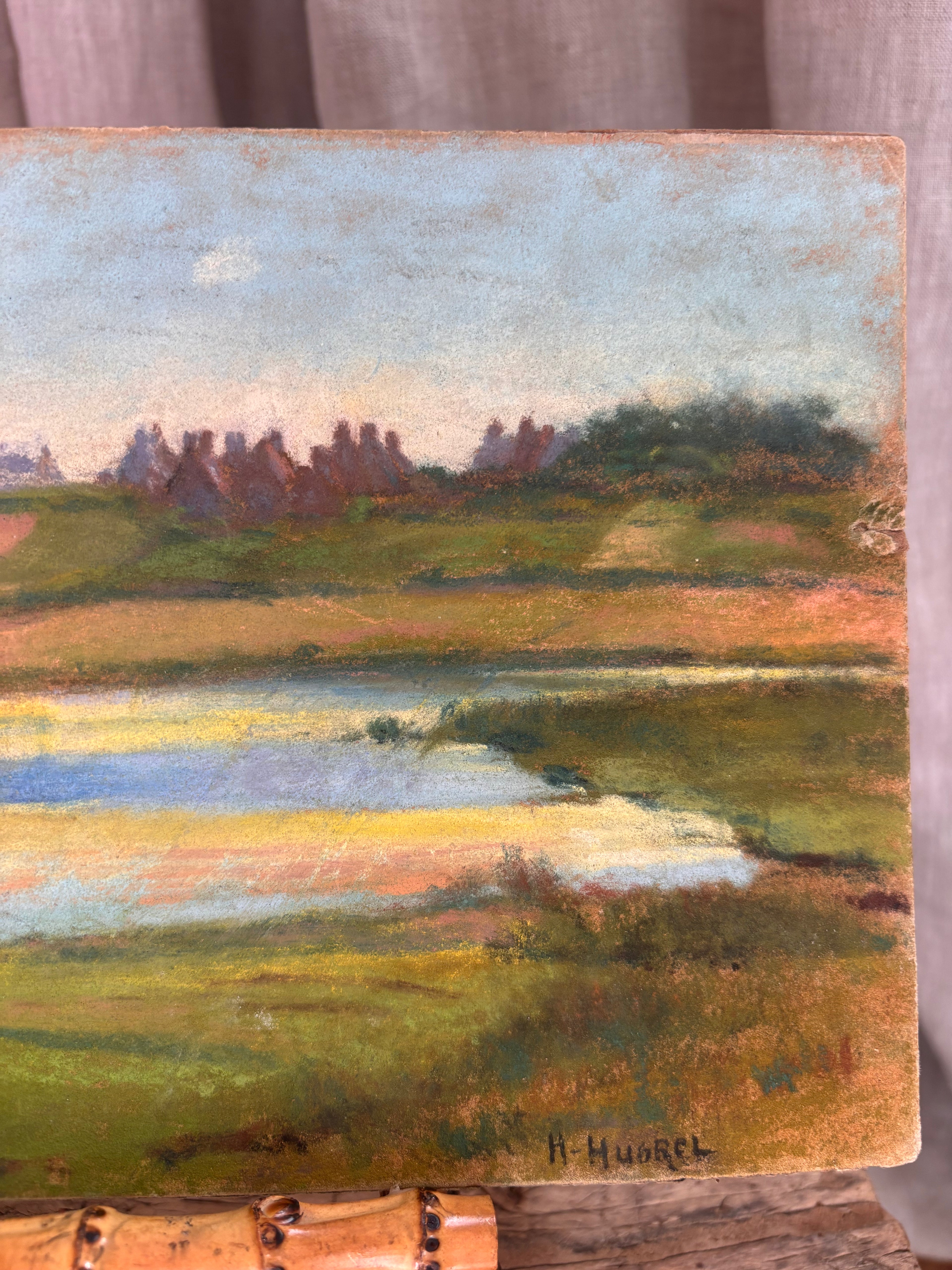 Vintage French Countryside Pond Pastel Landscape