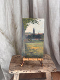 Antique 1919 Village Church Landscape Oil Painting