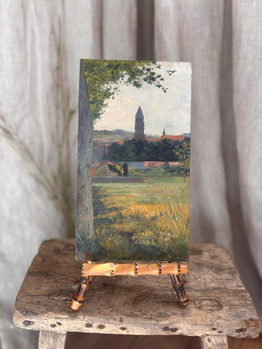 Antique 1919 Village Church Landscape Oil Painting
