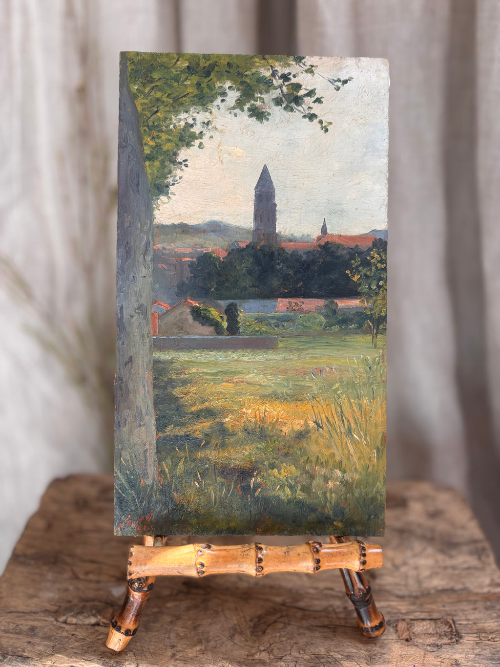 Antique 1919 Village Church Landscape Oil Painting