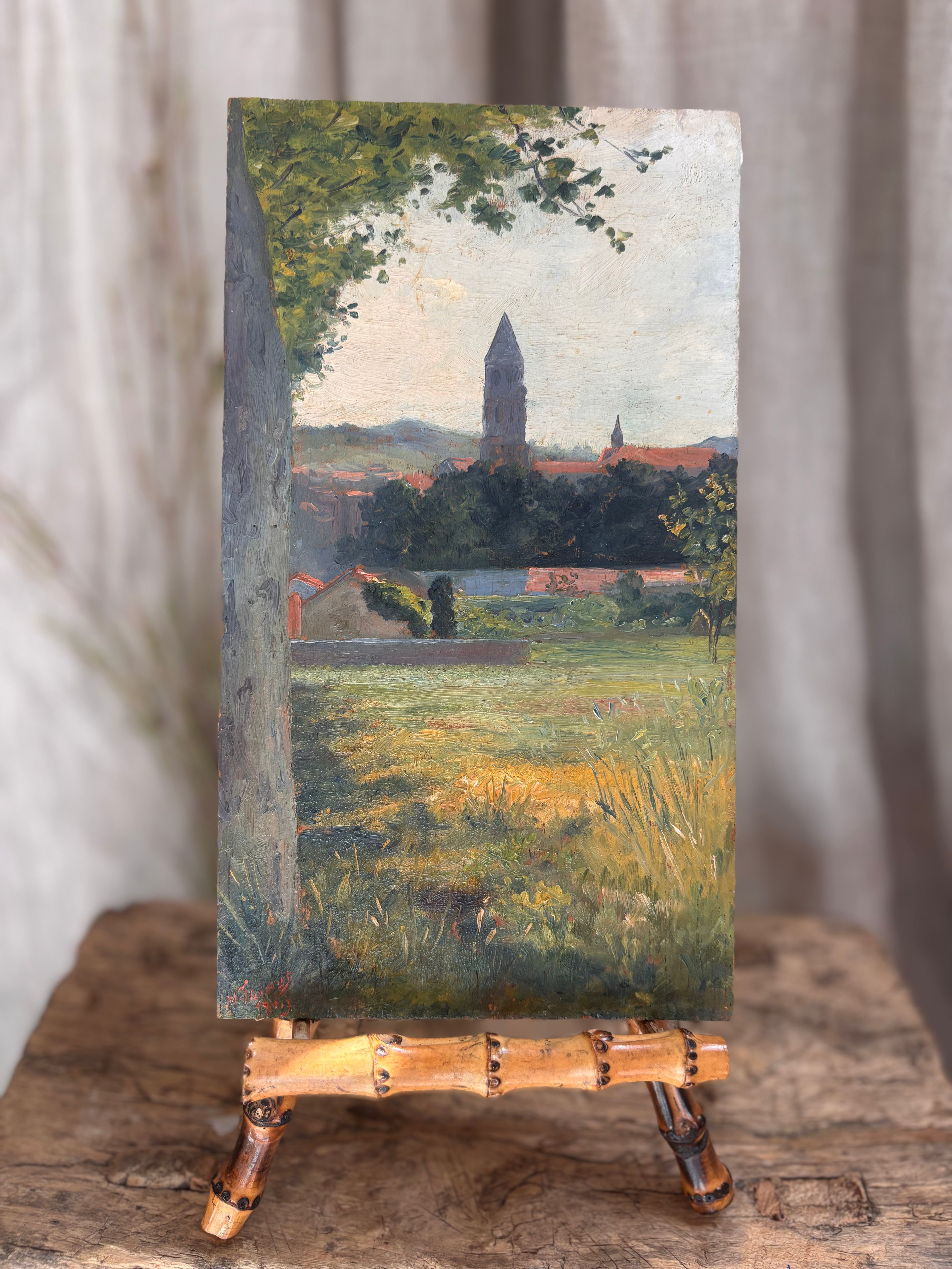 Antique 1919 Village Church Landscape Oil Painting