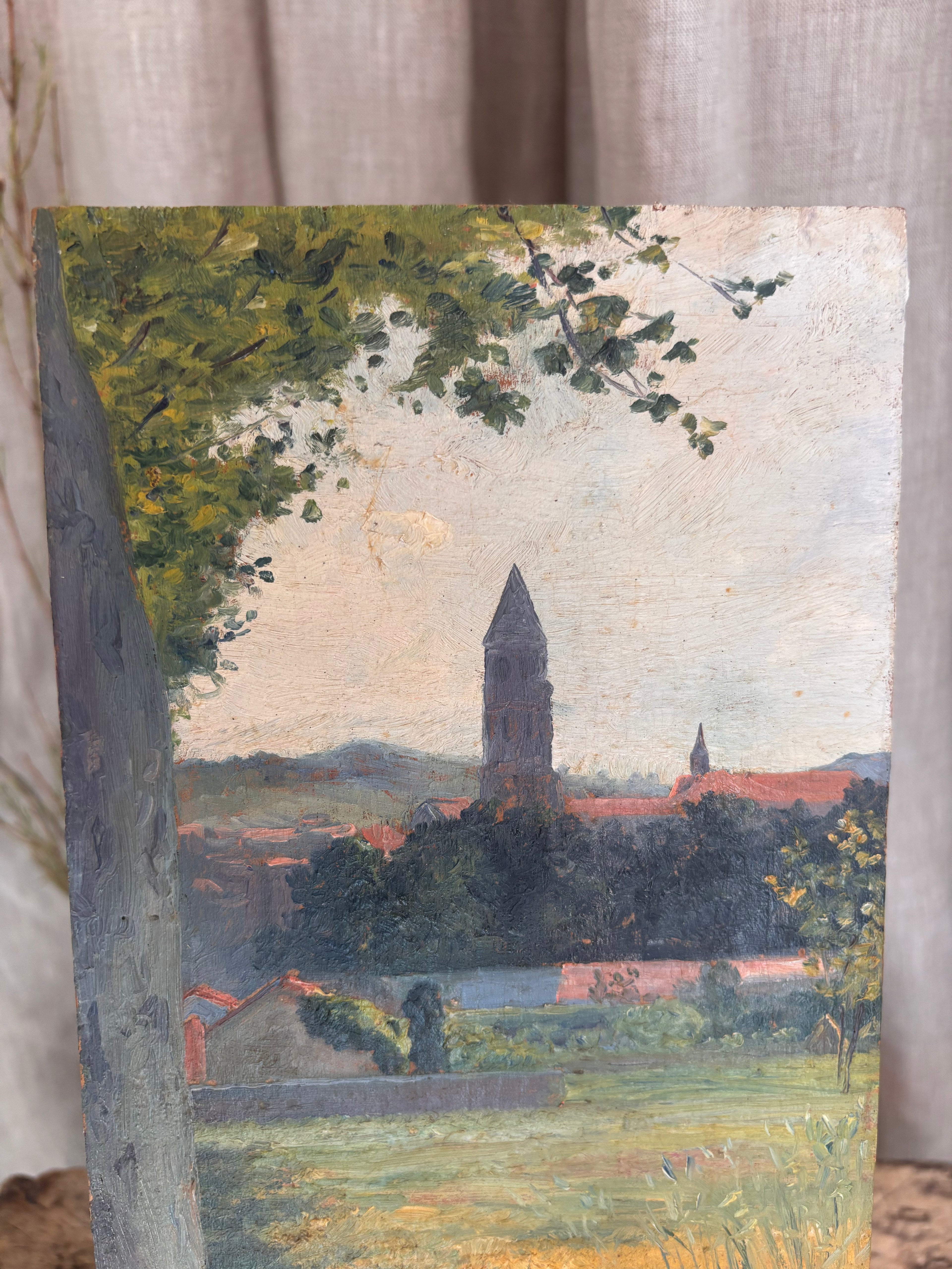Antique 1919 Village Church Landscape Oil Painting
