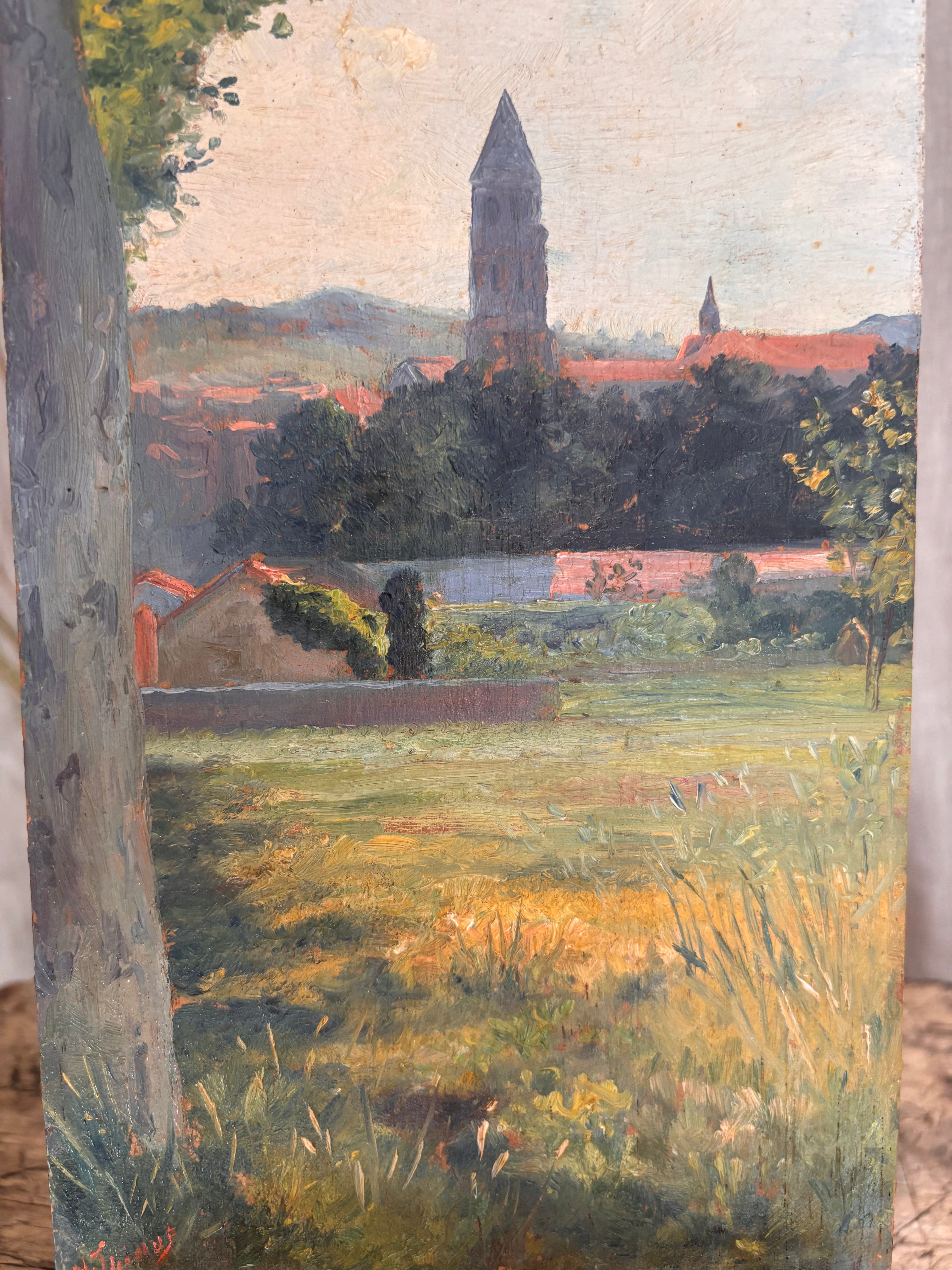 Antique 1919 Village Church Landscape Oil Painting