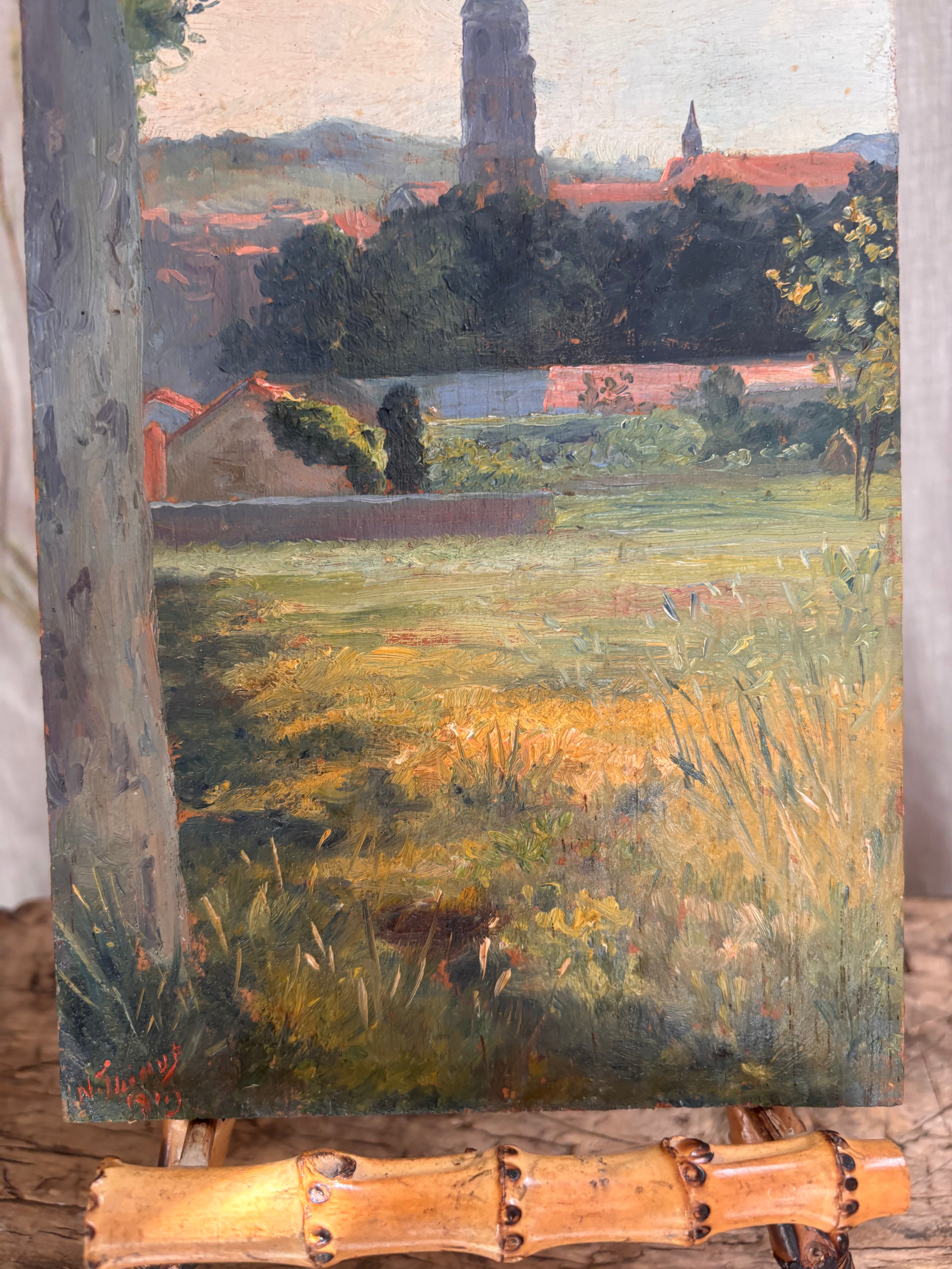 Antique 1919 Village Church Landscape Oil Painting