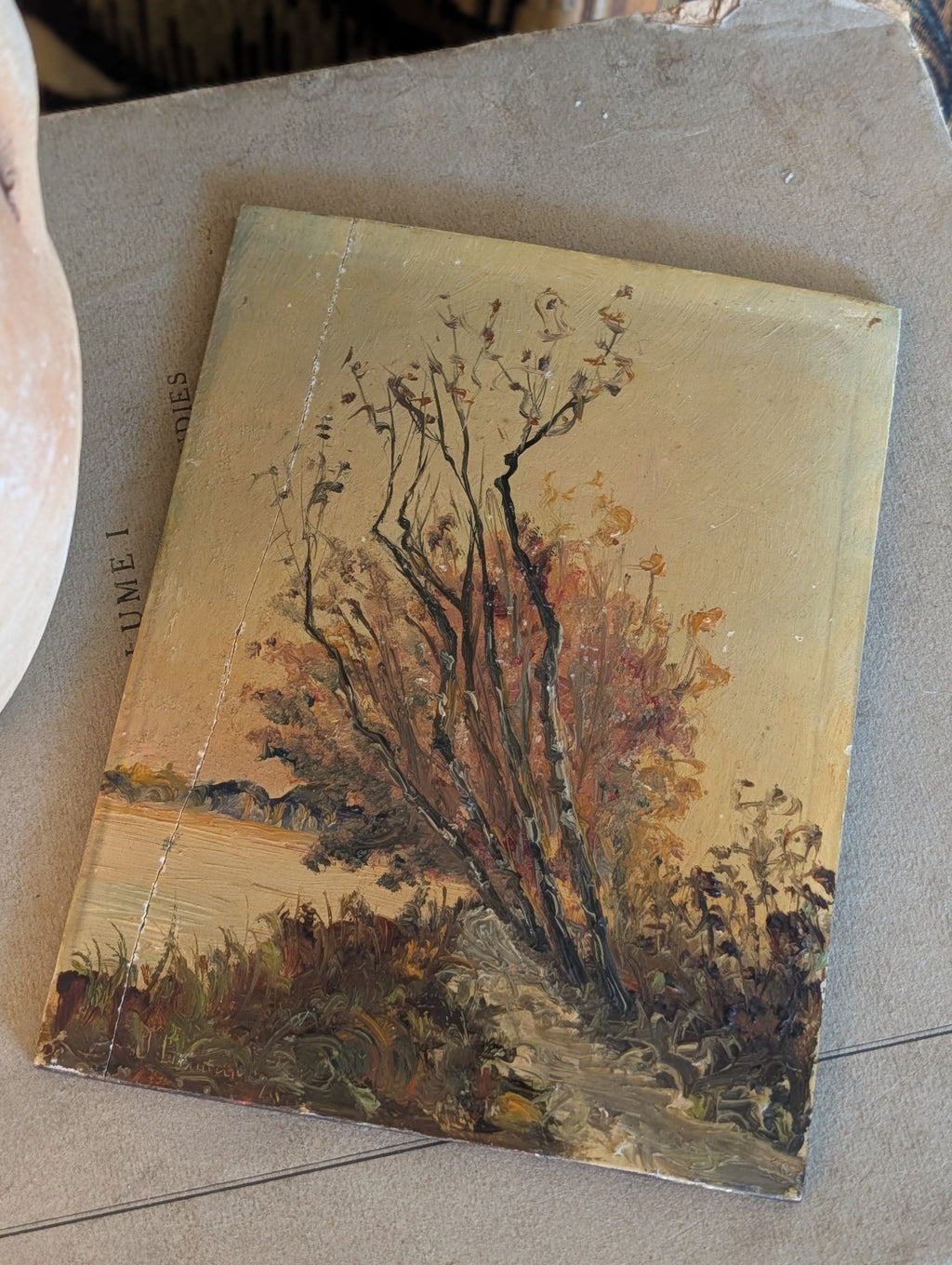 Antique French Autumn Tree Landscape Oil on Panel