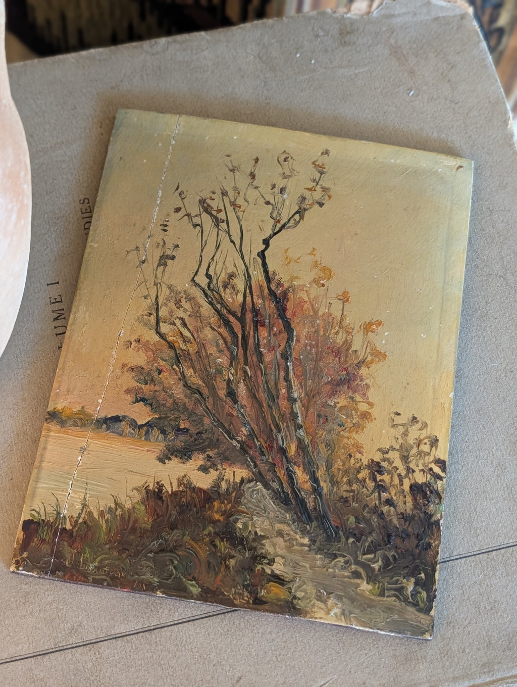 Antique French Autumn Tree Landscape Oil on Panel