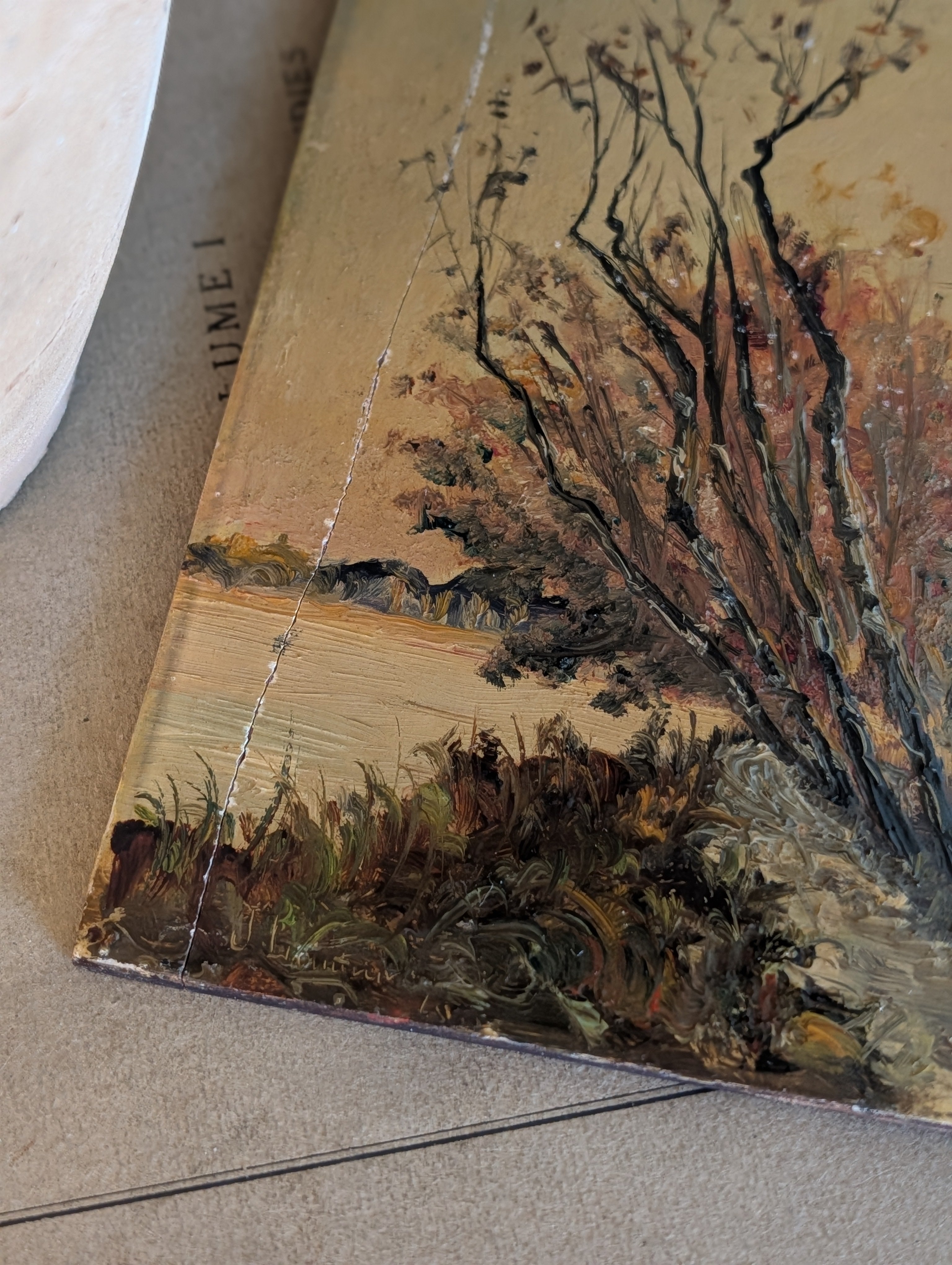Antique French Autumn Tree Landscape Oil on Panel