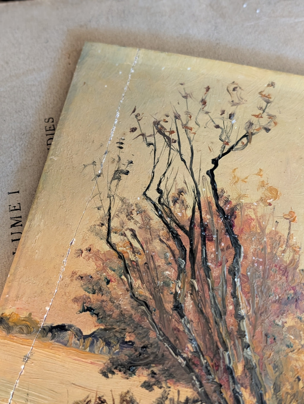 Antique French Autumn Tree Landscape Oil on Panel