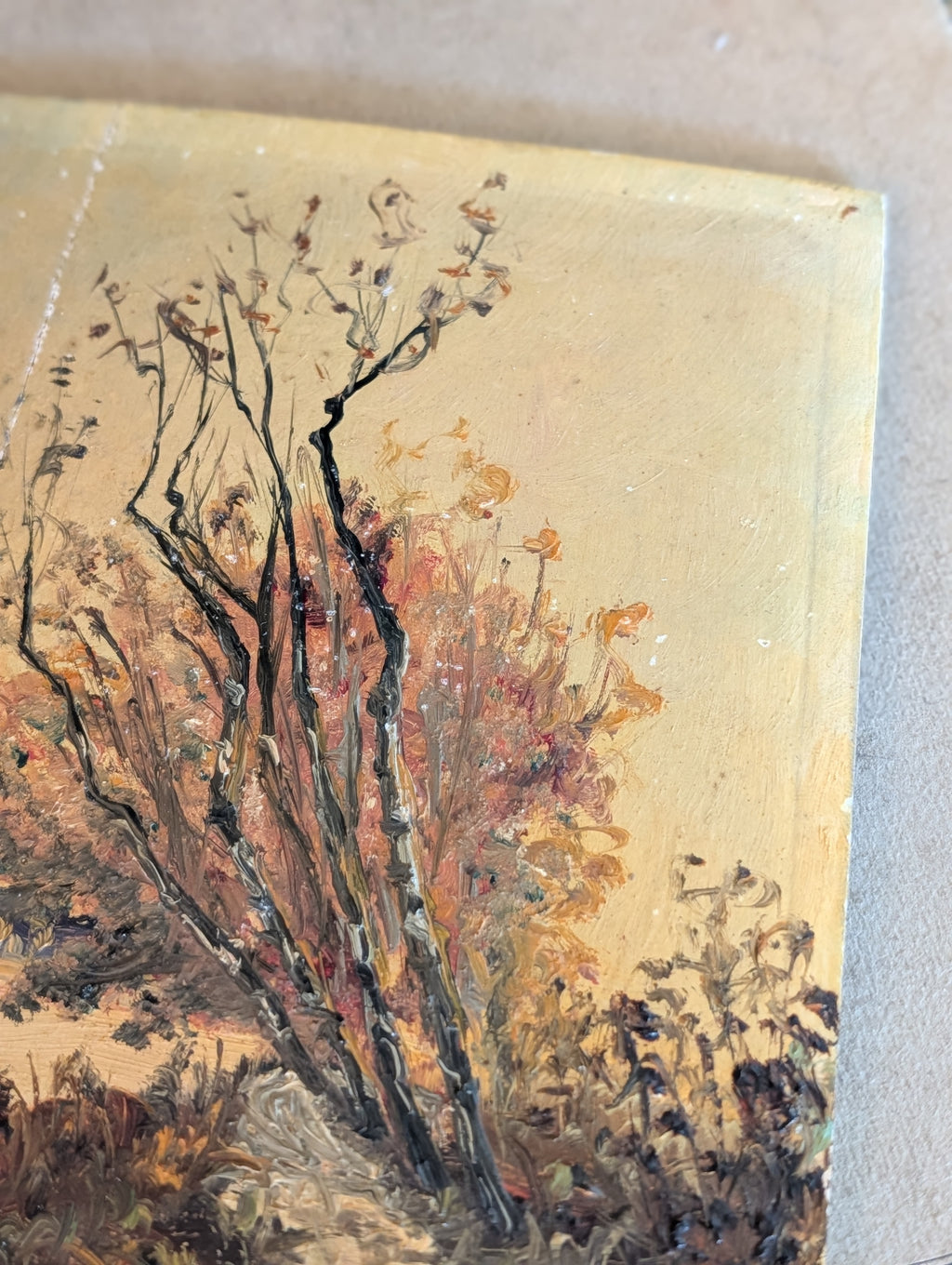 Antique French Autumn Tree Landscape Oil on Panel