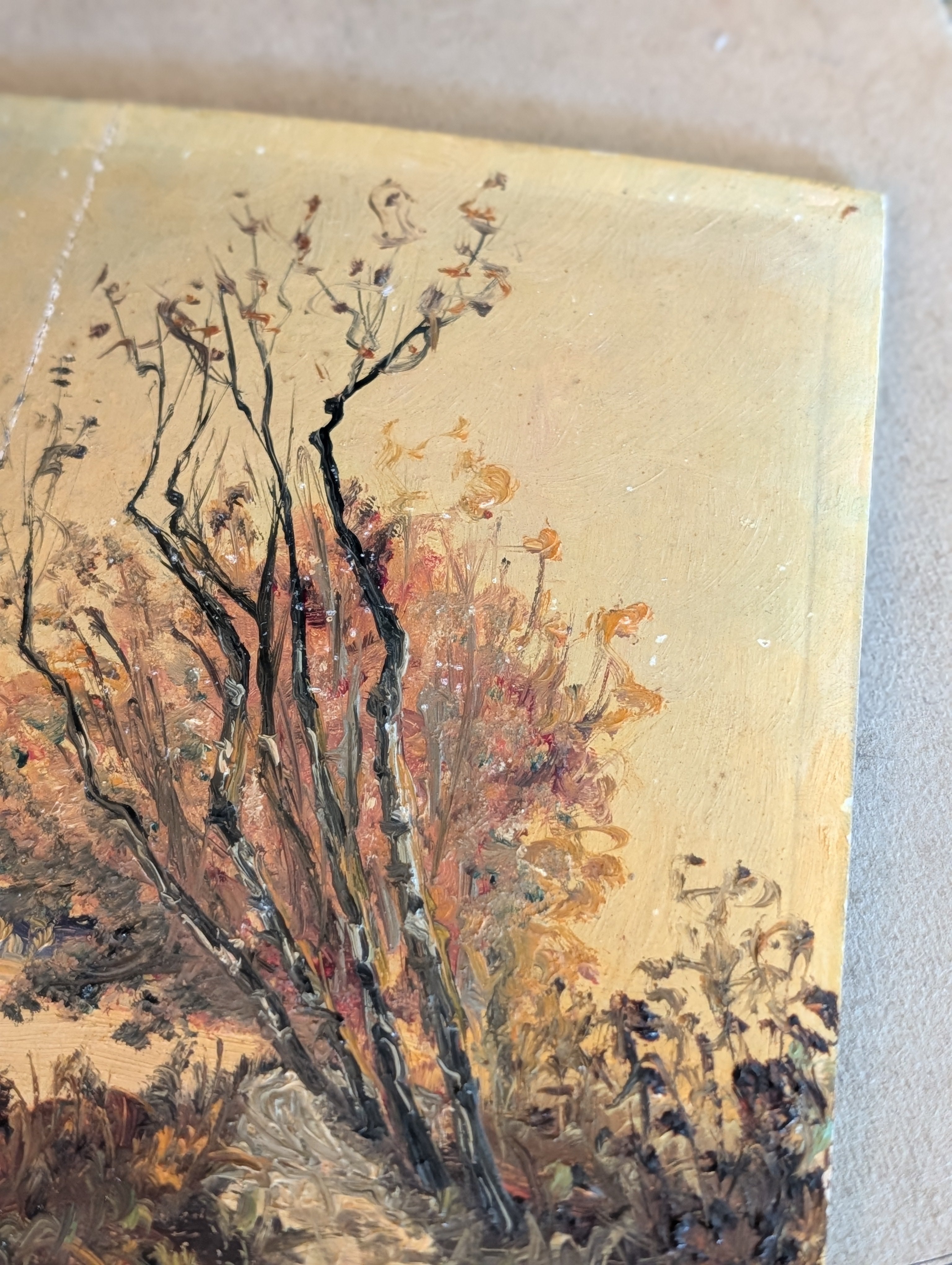 Antique French Autumn Tree Landscape Oil on Panel