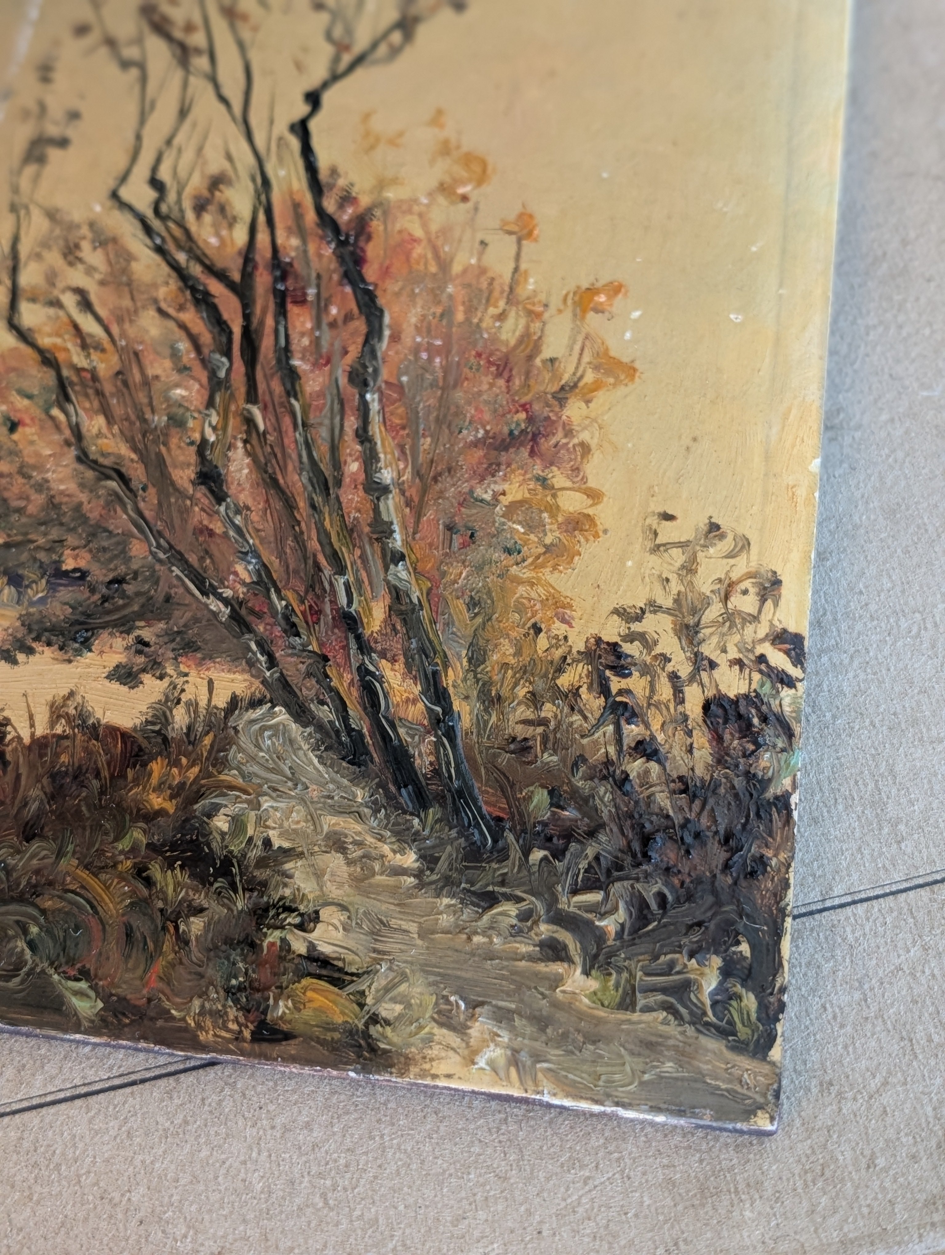 Antique French Autumn Tree Landscape Oil on Panel
