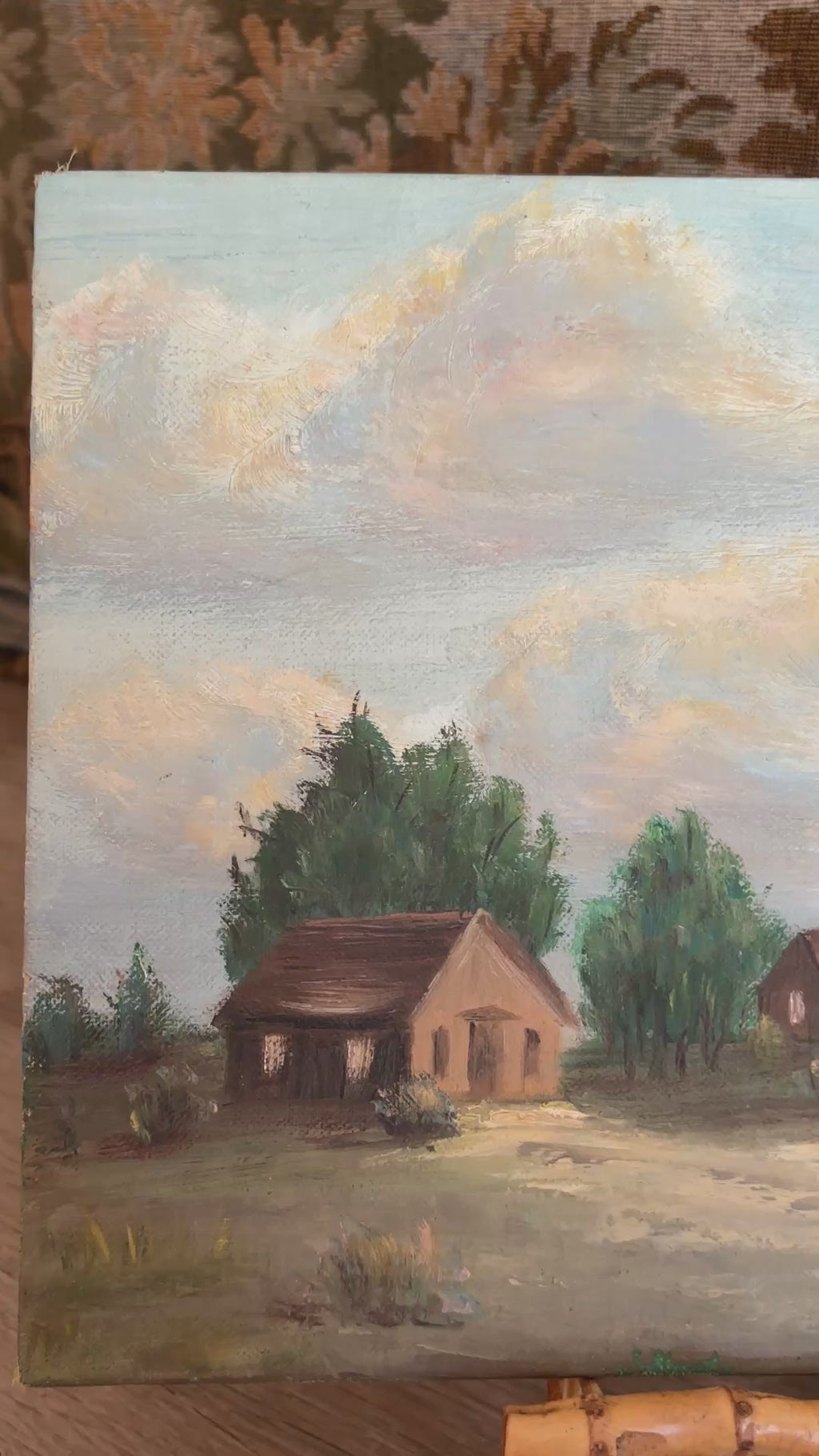 Vintage Homestead Landscape Oil Painting