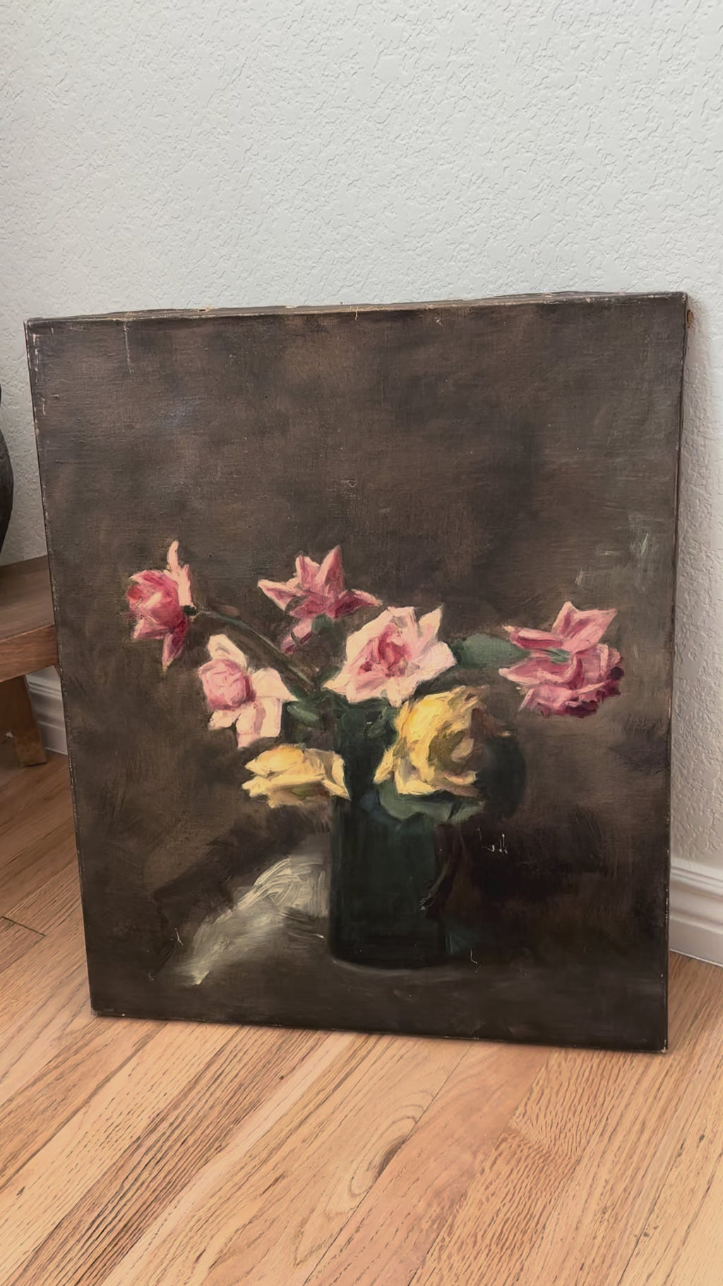Antique French Still Life Roses in Vase Oil Painting on Canvas, c. 1880s