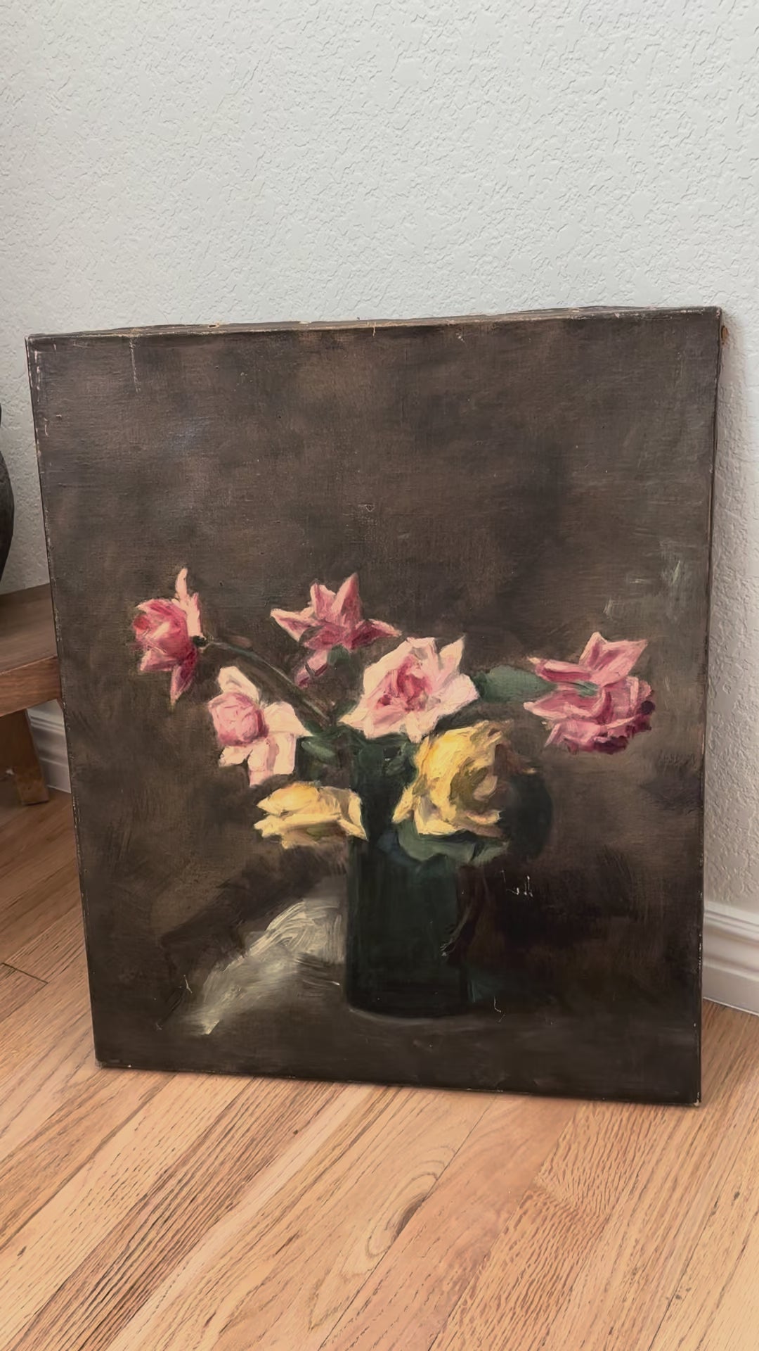 Antique French Still Life Roses in Vase Oil Painting on Canvas, c. 1880s
