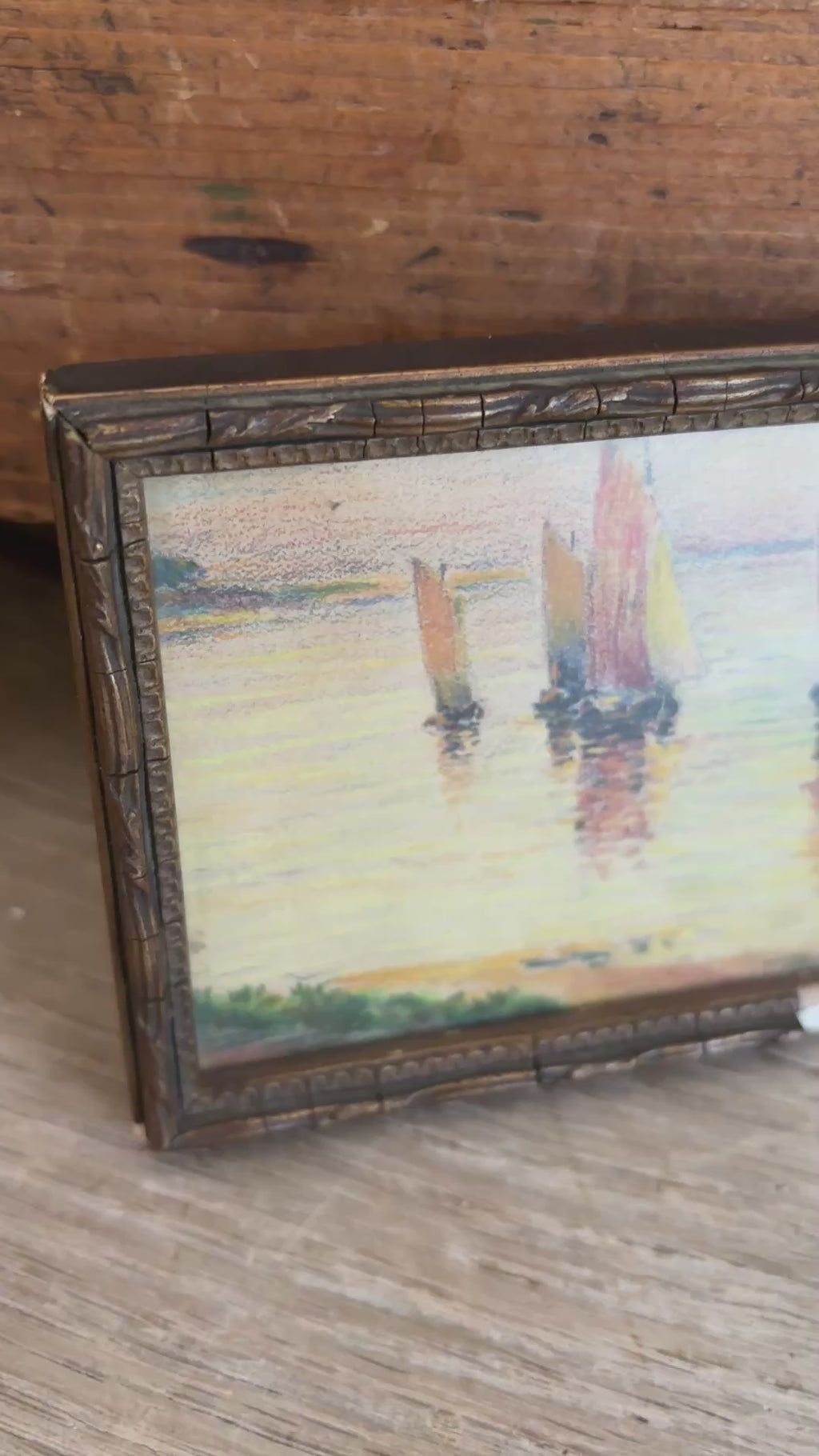 Antique French Miniature Sailboat Pastel on Paper